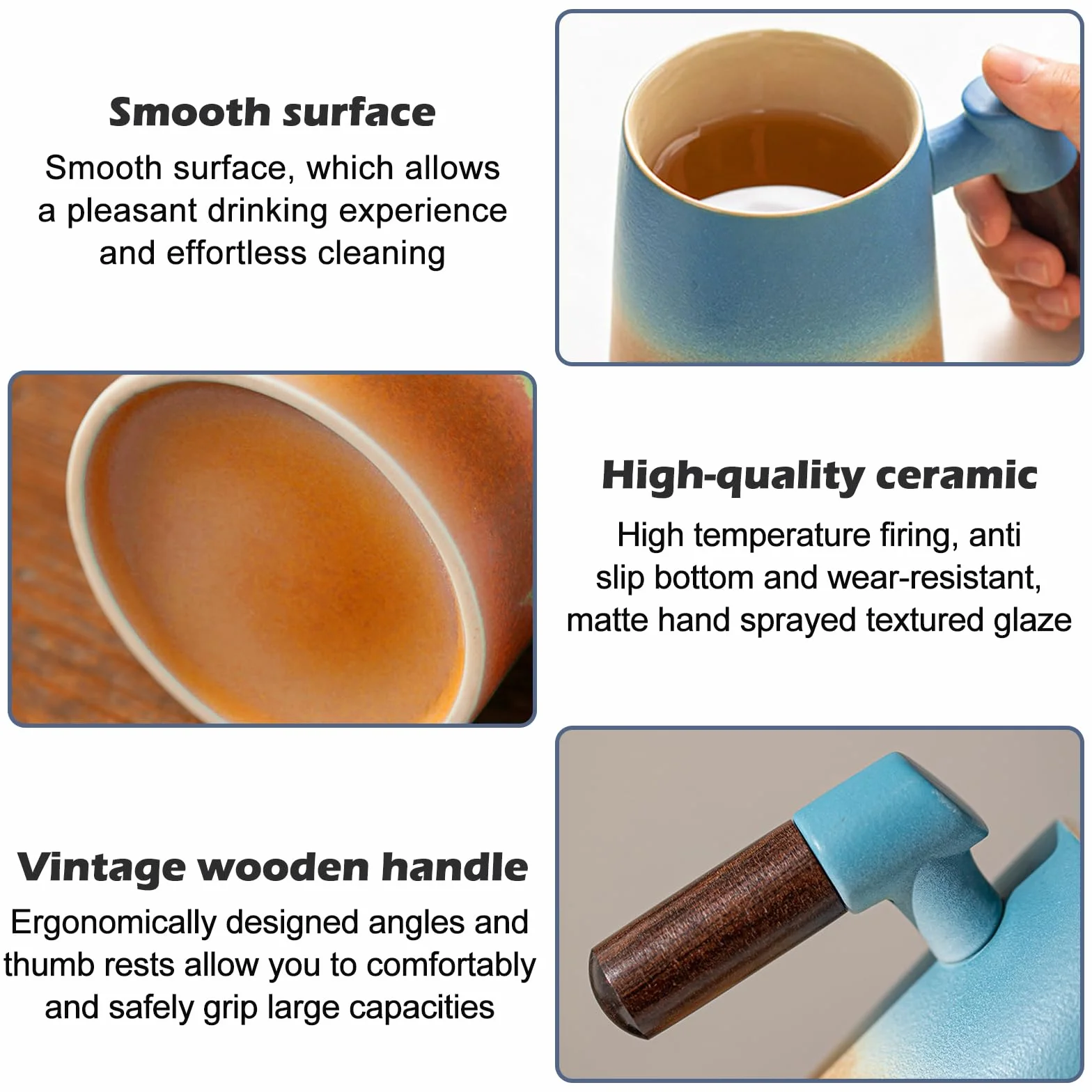 SUNOYA Filiżanka do herbaty z pokrywką i sitkiem, 400 ml, drewniany uchwyt, kubek do herbaty, matowa ceramiczna filiżanka