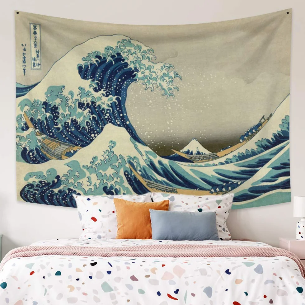 YONGFOTO 150 x 130 cm japoński gobelin Ukiyo-E, wielka fala wisząca na ścianie kanagawa łódź włókno poliestrowe gobelin na werandę dekoracja salon akademik narzuta na łóżko sztuka ścienna