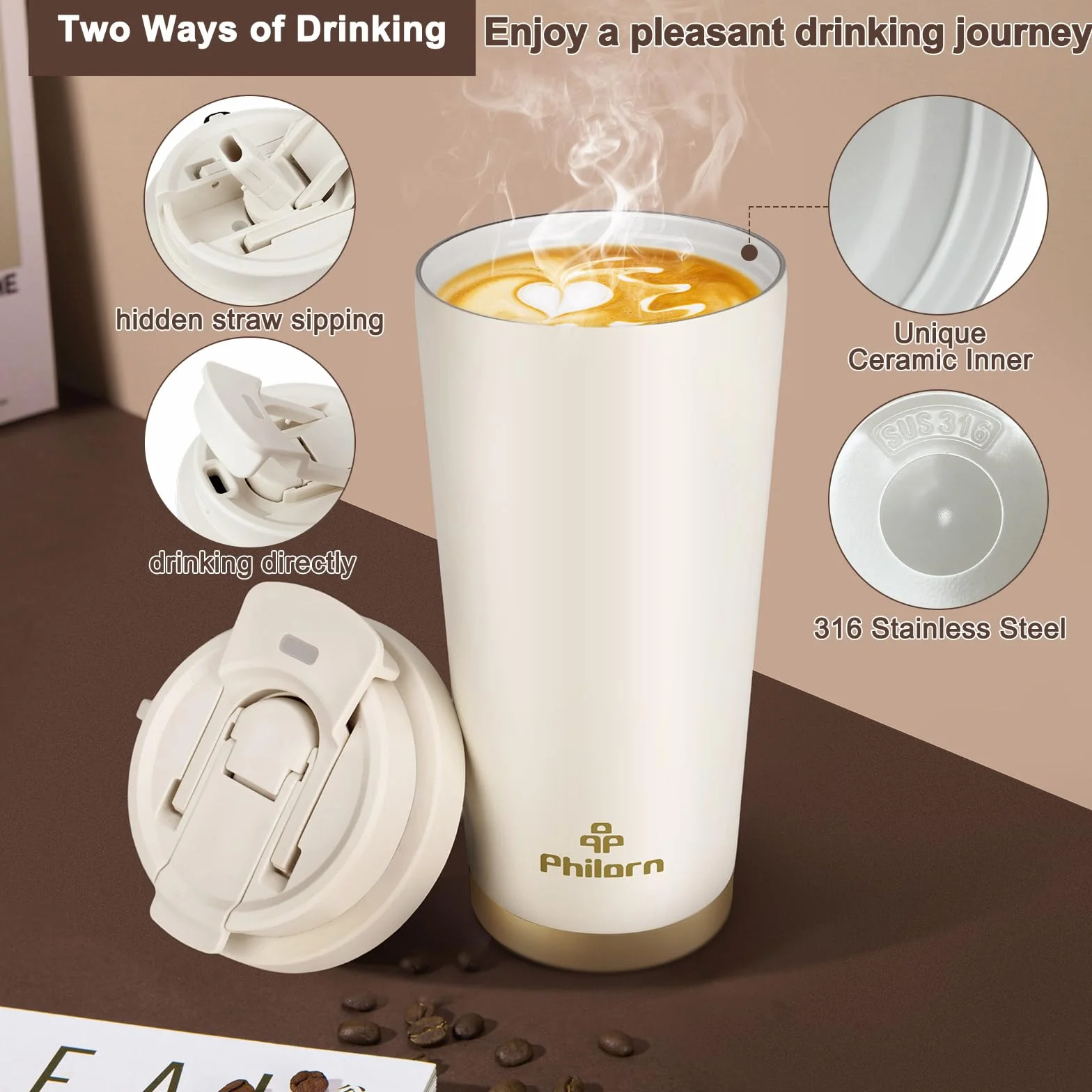 Philorn Kubek Termiczny na Wynos ze Stali Nierdzewnej 316, 500 ml, Ceramiczny Wewnątrz, 100% Szczelności, do Kawy, Biały, Nadaje się do Mycia w Zmywarce