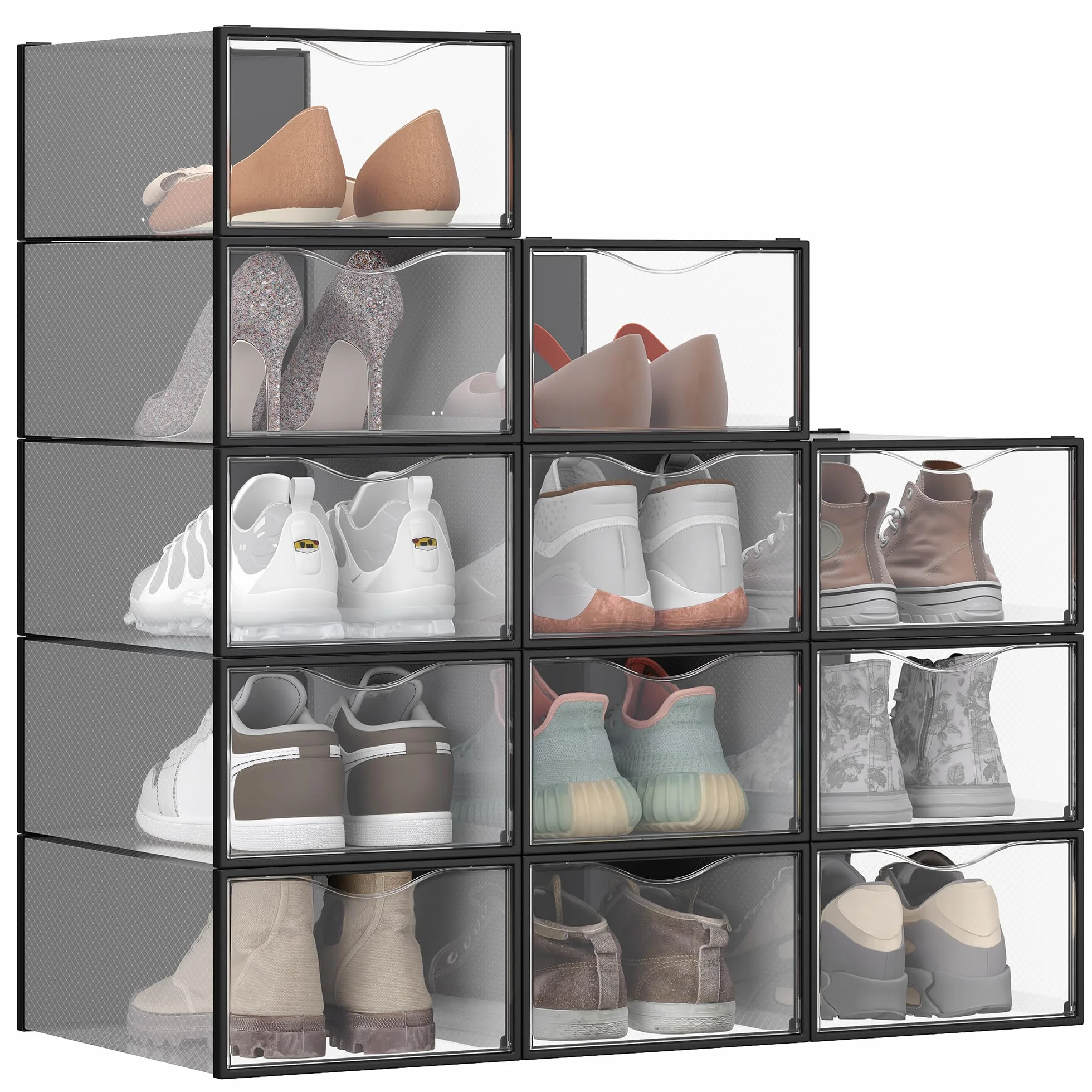 SONGMICS Przezroczyste pudełka na buty, zestaw 12, 33,2 x 23 x 14,5 cm, do rozmiaru 42, czarne