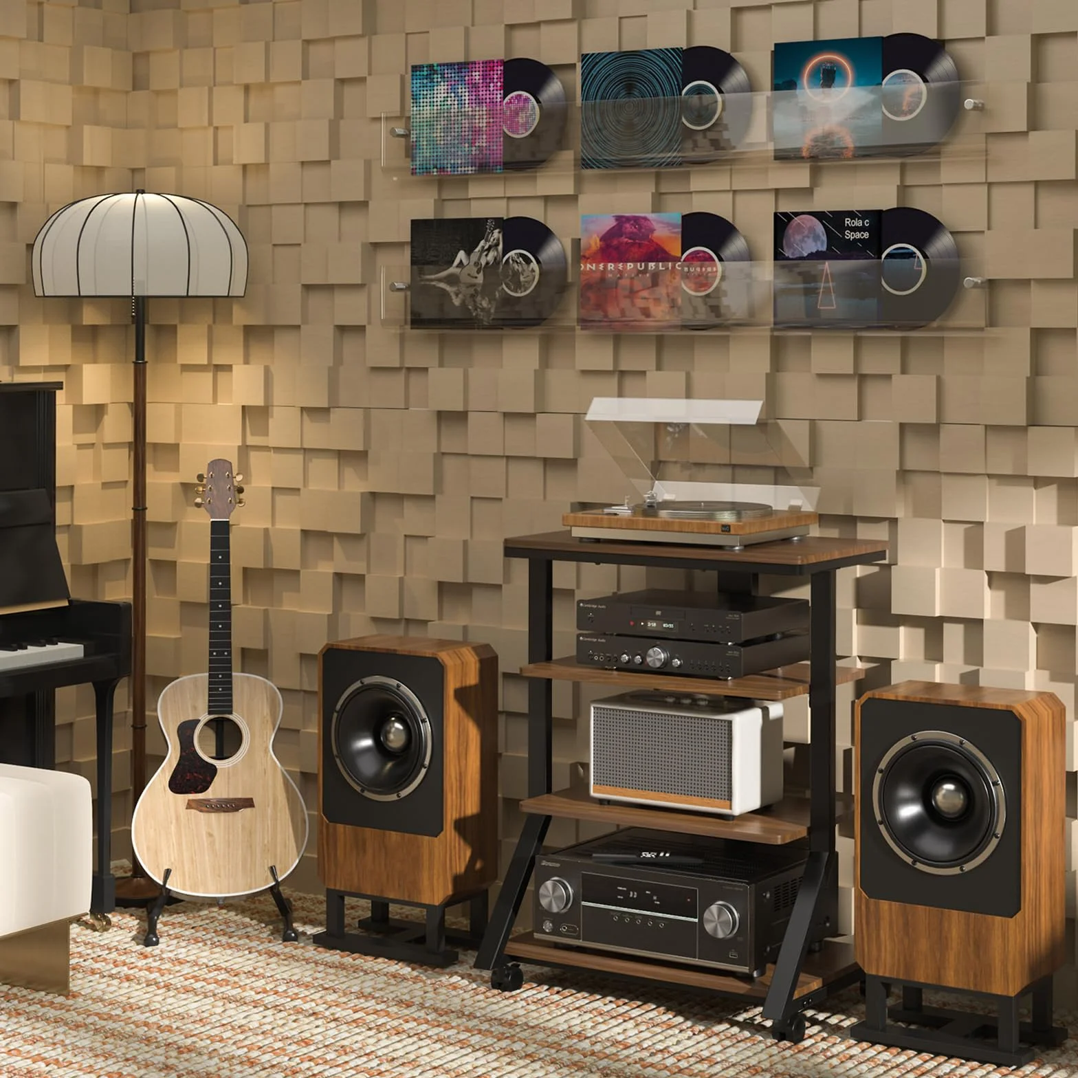 5Rcom Stojaki i stojaki HiFi stojak na audio, regał AV, stojak, 4 poziomy, drewniane półki na gramofon, odtwarzacz płyt DVD, jednostka rozrywkowa, wielofunkcyjna regulacja wysokości, nośność 54 kg