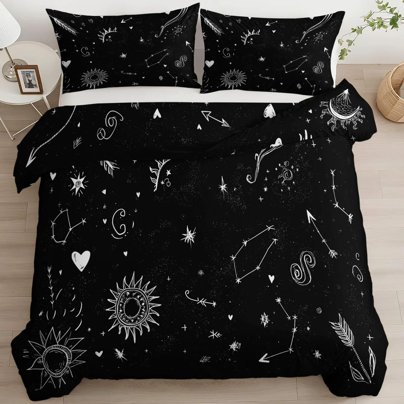 Czarna pościel 220 x 240 cm, poszewka na kołdrę z mikrofibry, z zamkiem błyskawicznym – motyw niebiański zodiaku, słońce, księżyc, oddychająca poszewka na kołdrę, zestaw 3-częściowy, dla niemowląt