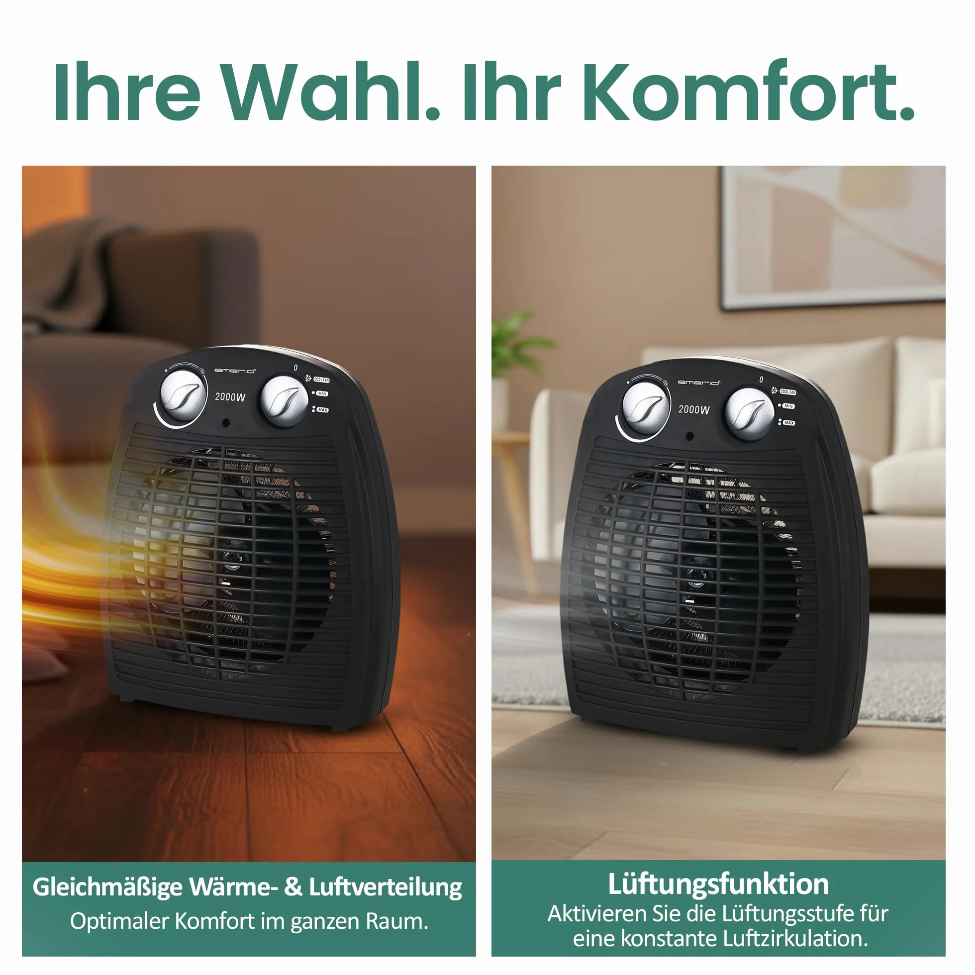Emerio Note 1.5 Termowentylator, Czarny, 20 m2