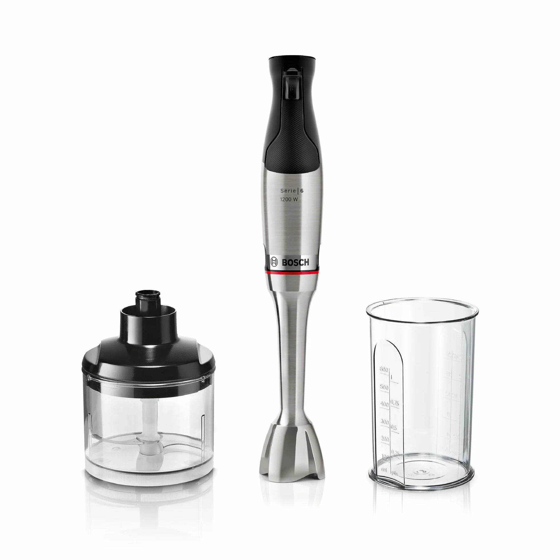 Bosch, blender ręczny, ErgoMaster Series 6, silnik 1200 W z chłodzeniem powietrznym, dynamiczna regulacja prędkości, system QuattroBlade Pro, akcesoria w zestawie, MSM6M820