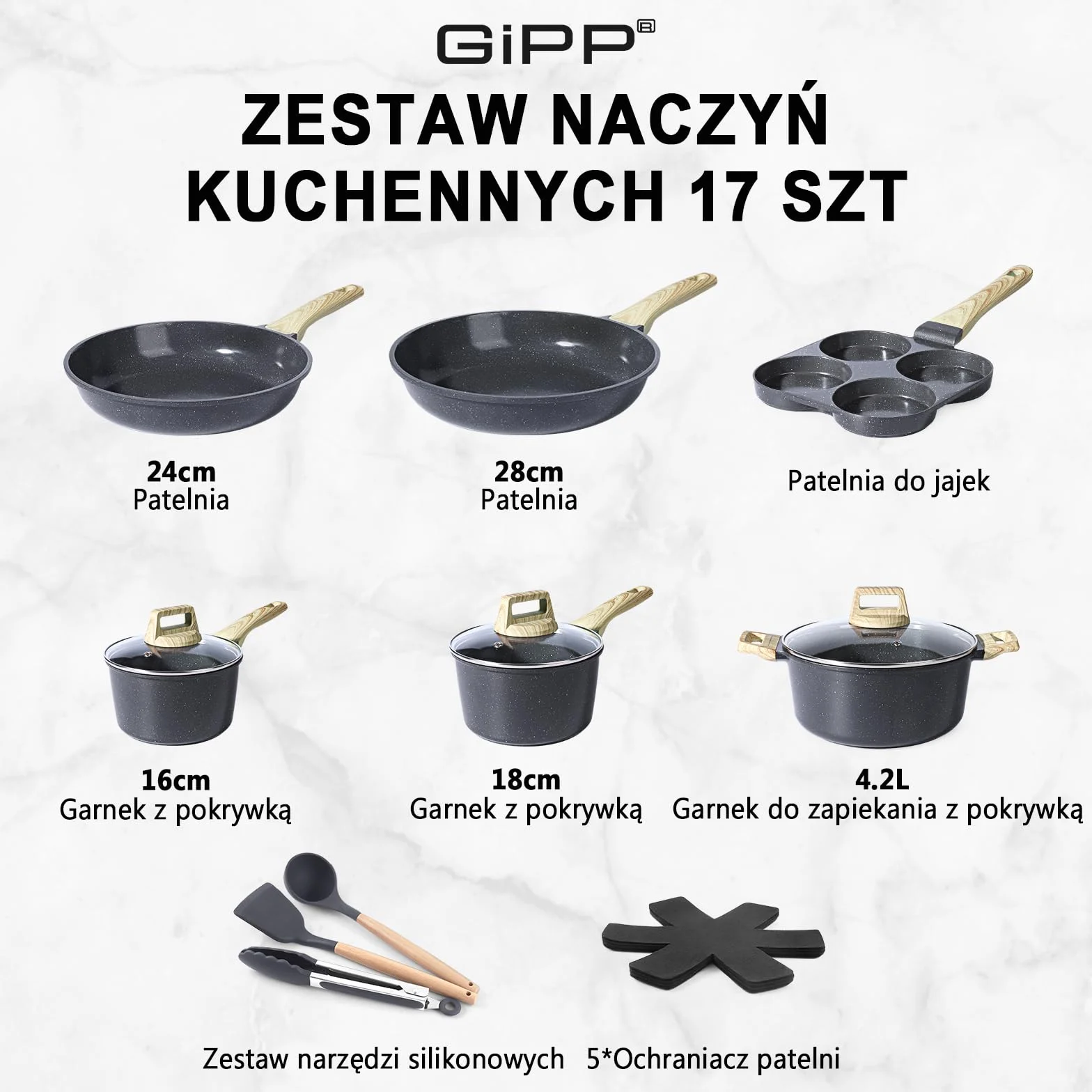 GiPP Zestaw Garnków i Patelni z Nieprzywierającą Powłoką – 17 Elementów Indukcja Zestaw Garnków, Nietoksyczny Zestaw Kuchenny, Zestaw Patelni Odpowiedni do Różnych Rodzajów Kuchenek