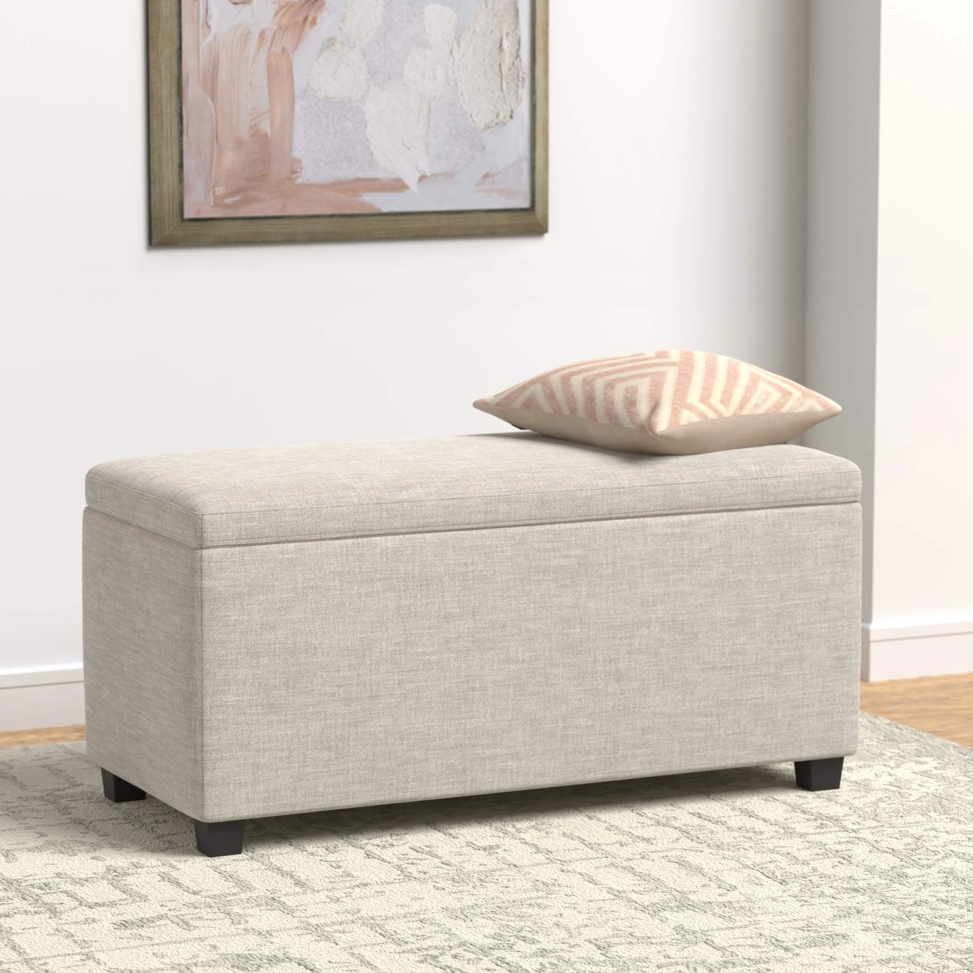 Amazon Basics prostokątna otomana i ławka do przedpokoju ze schowkiem, wyściełana, poliester, beżowa, 42 x 91 x 43 cm (szer. x gł. x wys.)