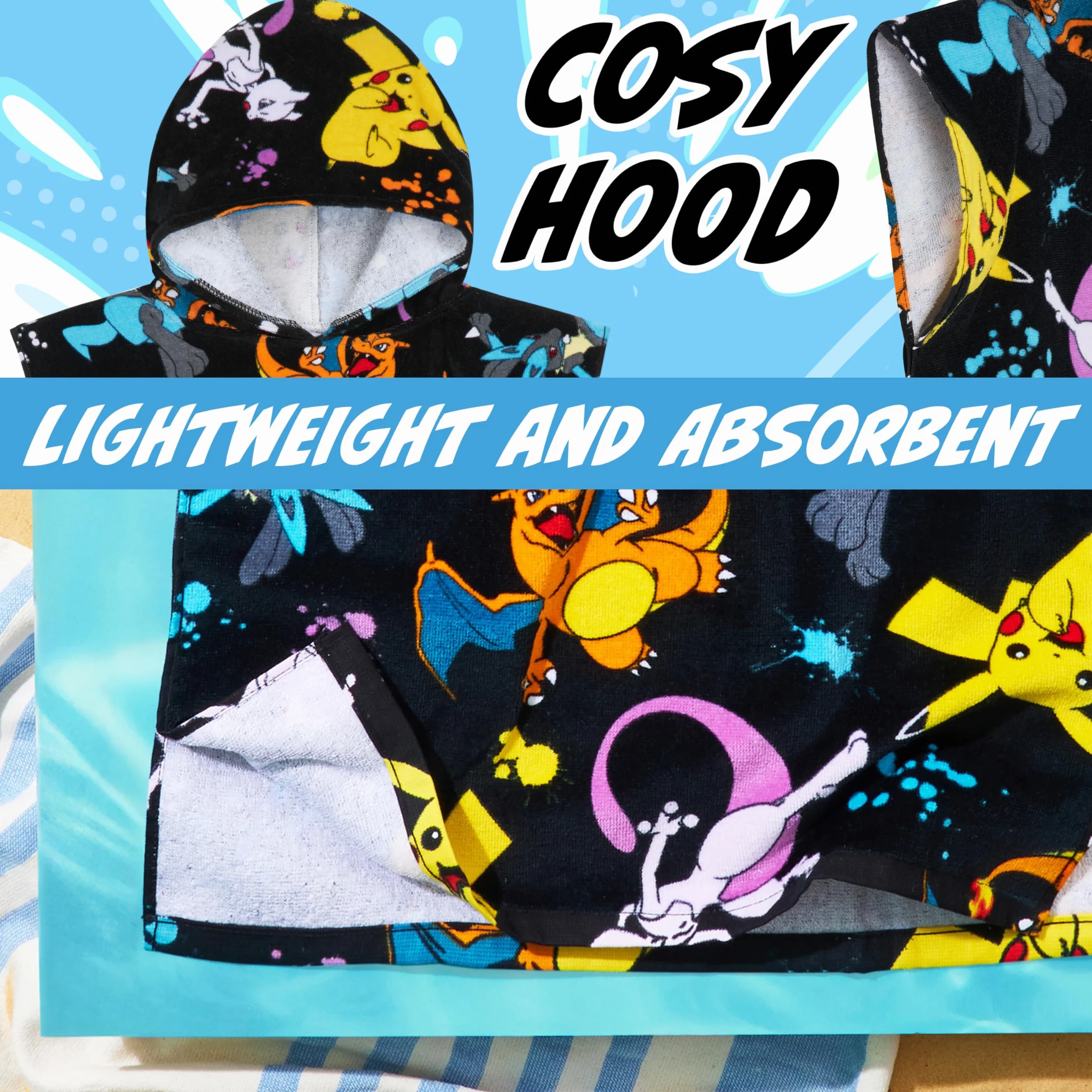 Pokémon Ponczo kąpielowe Pikachu Ręcznik plażowy z bawełny dla dzieci 6-9 lat Czarny/Wielokolorowy