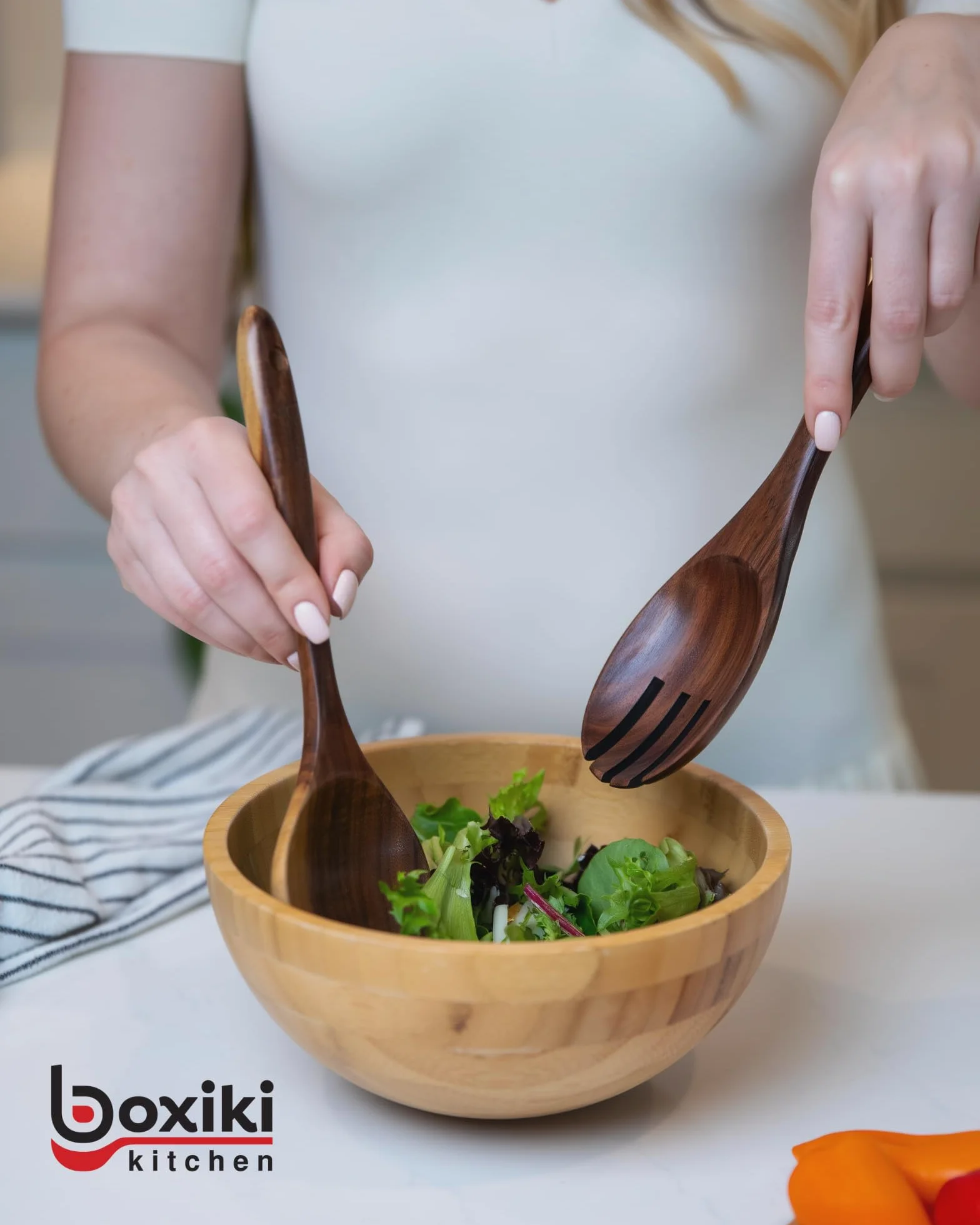 Boxiki Kitchen Luksusowy zestaw przyborów z drewna tekowego – elegancki 6-częściowy zestaw do gotowania zawierający łyżki, serwer, skrobak i szpatułkę – fachowo wykonany z myślą o doskonałości