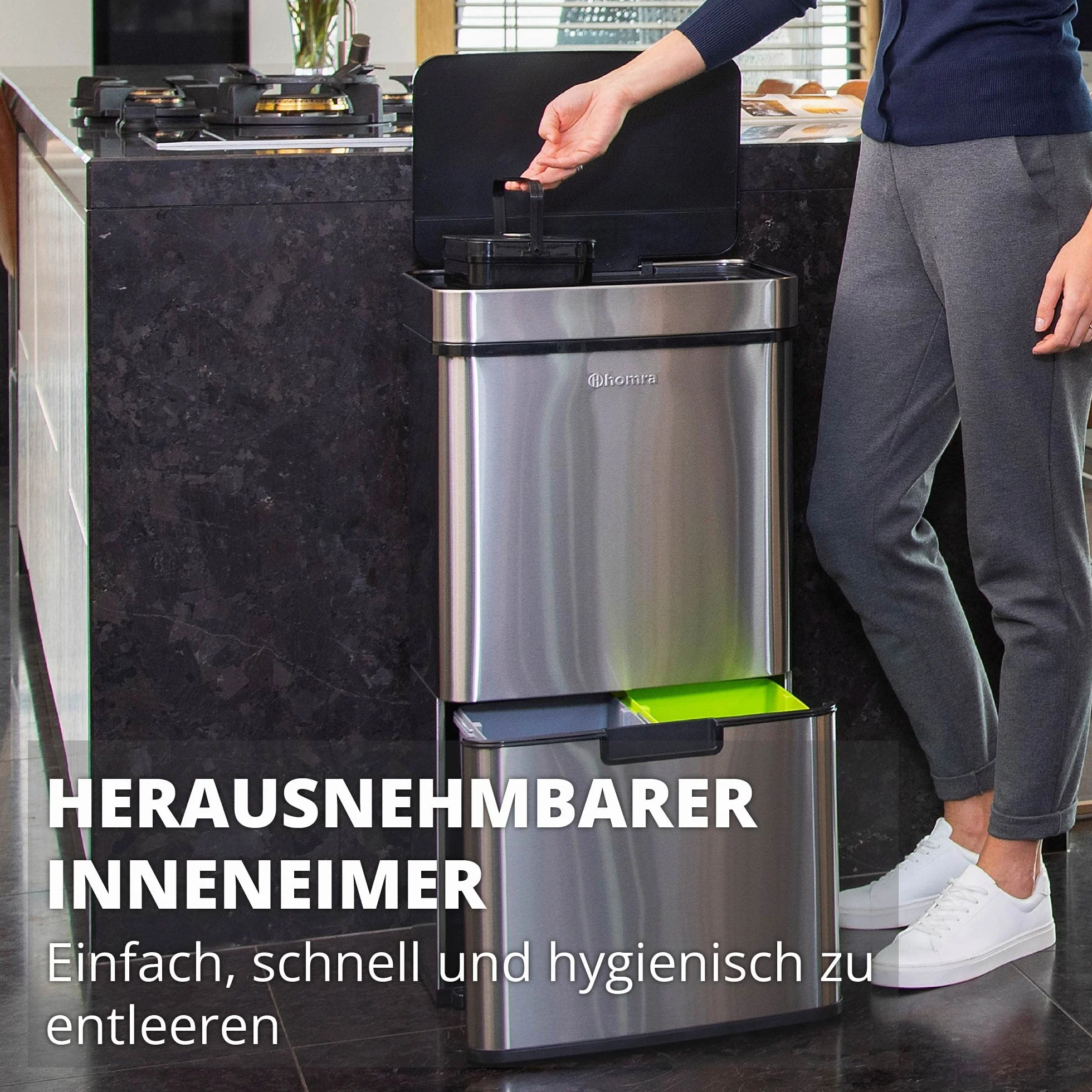 Homra® Nexo Smart Bin kosz na śmieci z czujnikiem 3 + 1 przegródkami, ze stali nierdzewnej, z czujnikiem ruchu, elektryczna segregacja śmieci, Smart Bin, system segregacji śmieci w kuchni