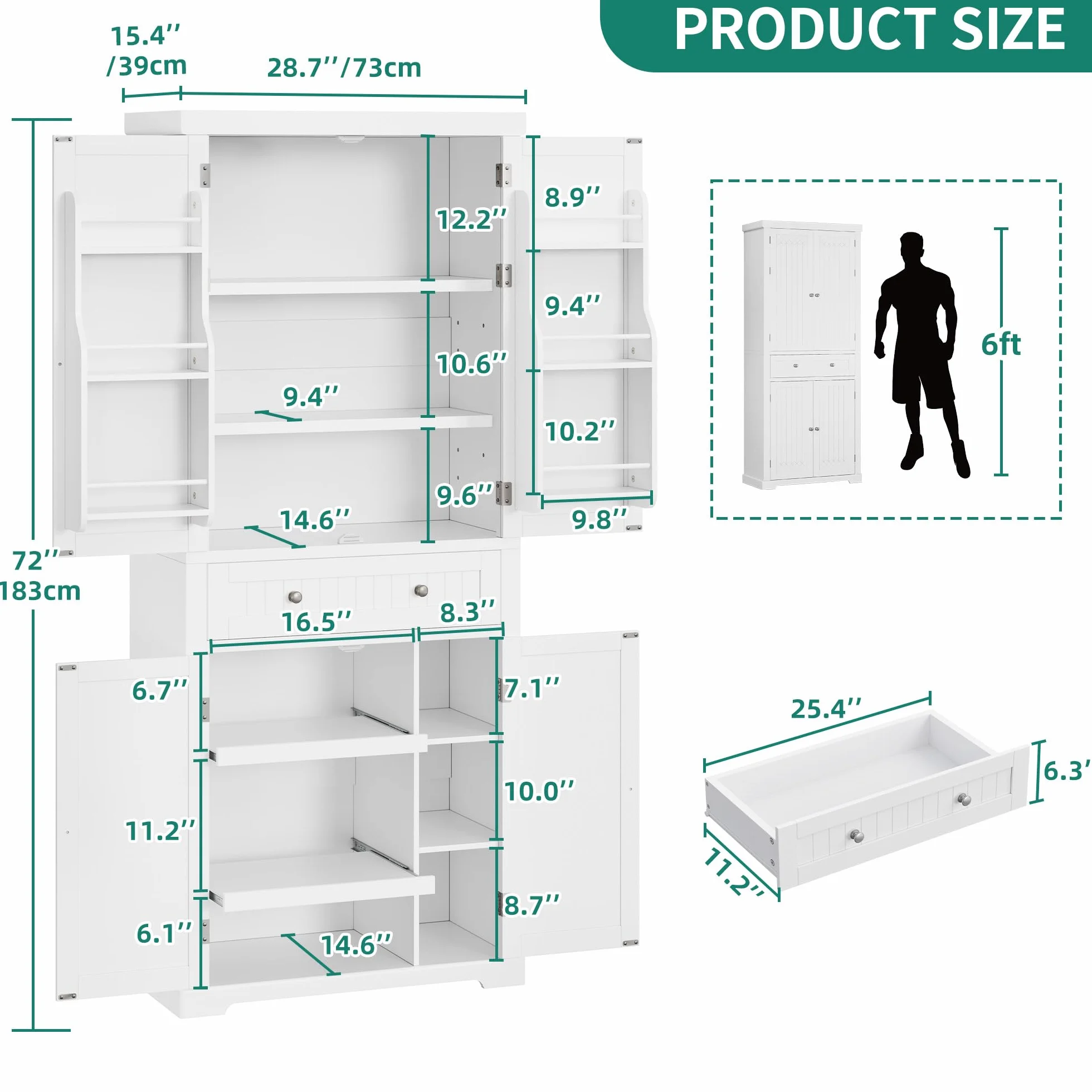 YITAHOME Szafka kuchenna 182,5 cm wysoka szafka do przechowywania, kredens kuchenny z ruchomą półką, biały kredens wolnostojący 70 x 40 x 182,5 cm