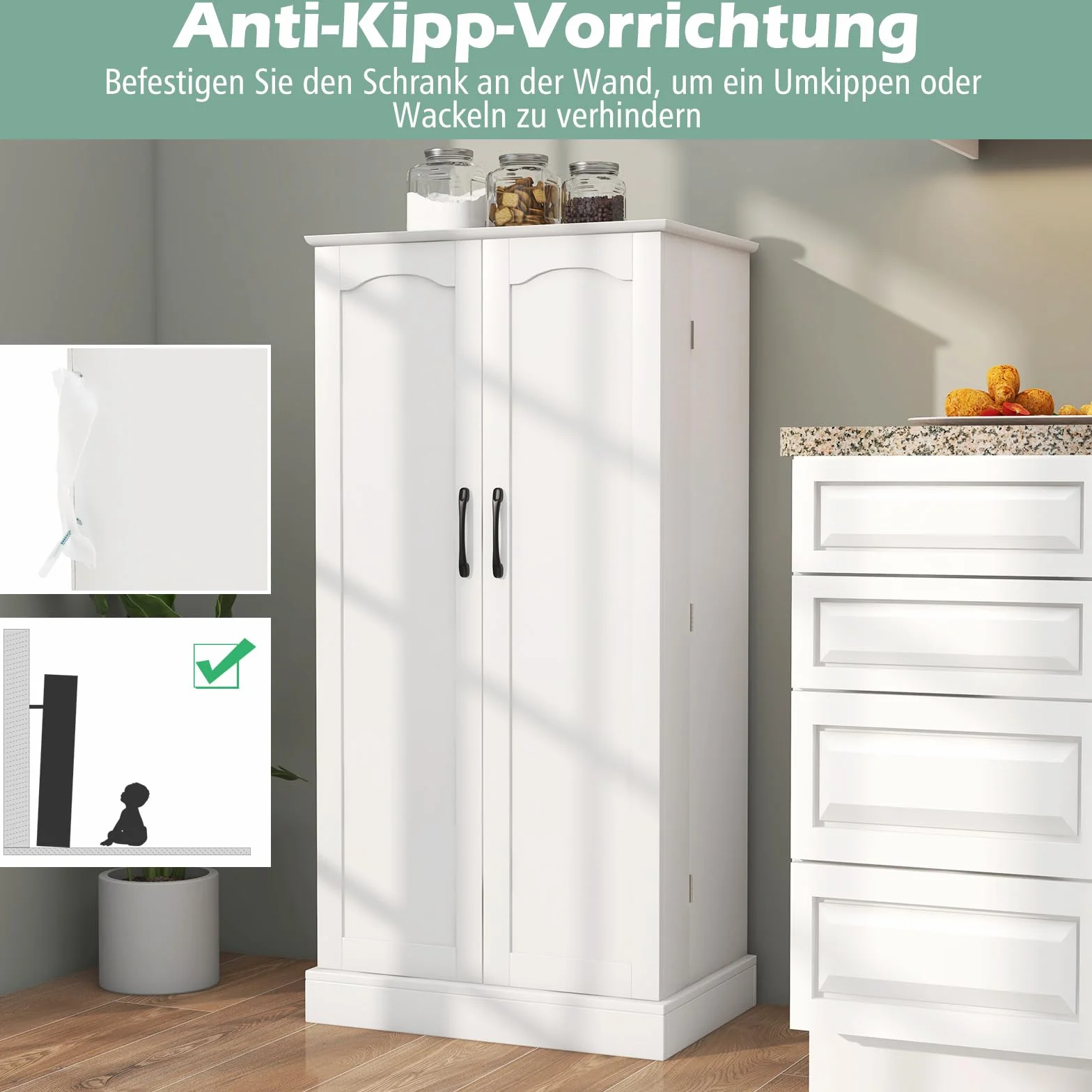 COSTWAY szafka kuchenna, szafka magazynowa, szafka do przechowywania z 2 drzwiami i 6 regulowanymi półkami, szafka wielofunkcyjna do kuchni, salonu, jadalni, 60 x 40 x 120 cm, biały
