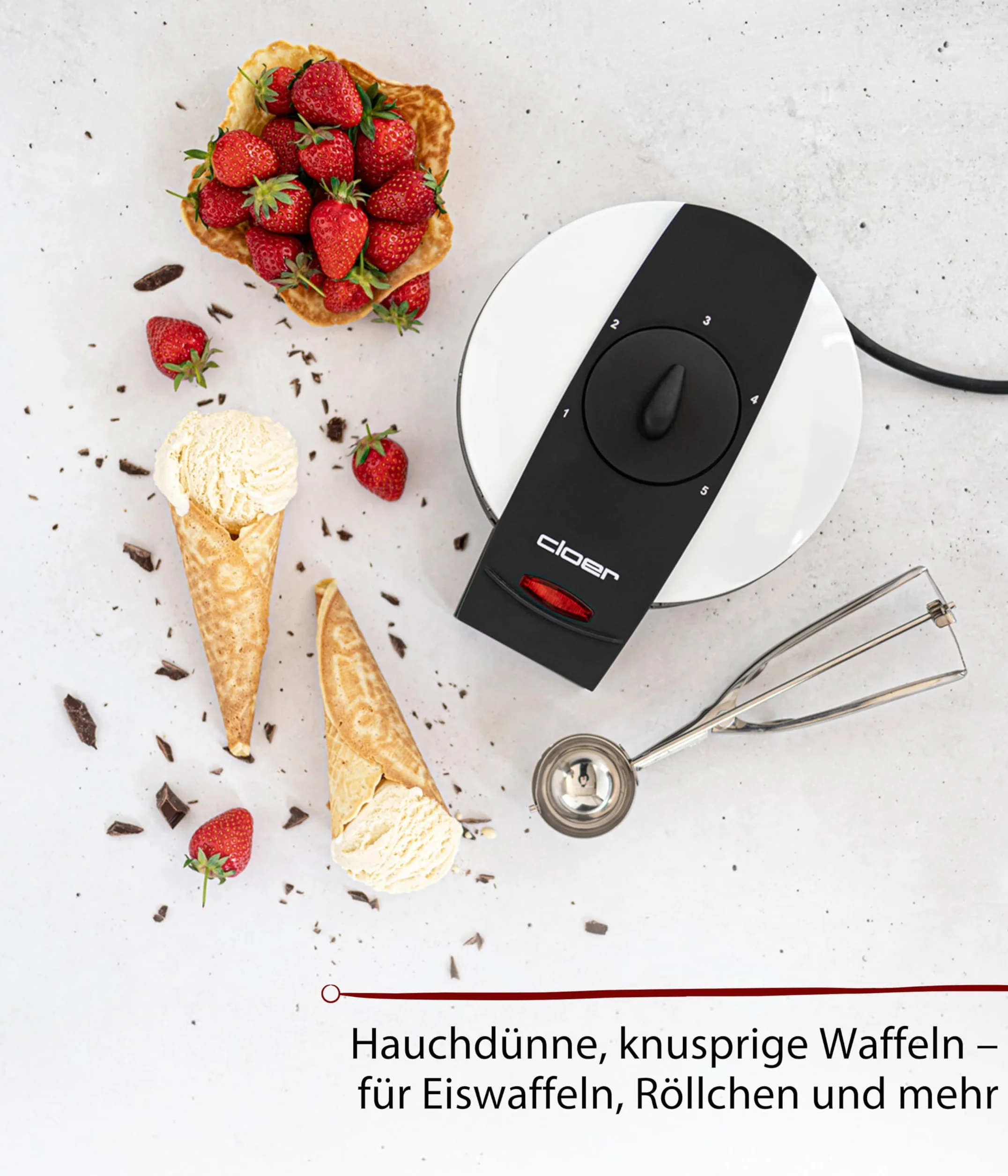 Cloer 261 Maszynka do robienia wafli na cienkie szyszki, 800 W, Powierzchnia do pieczenia 14,5 cm Ø, z nieprzywierającą powłoką, Bezstopniowa regulacja stopnia przypieczenia, biały metalowy korpus