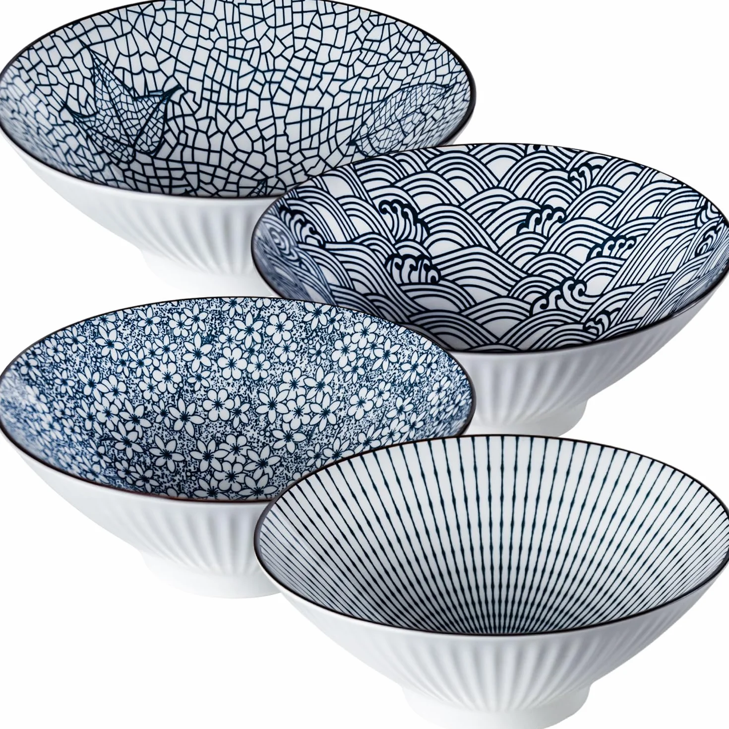 Duże ceramiczne miski do ramenu, zestaw 4 szt., niebieskie i białe miski do zupy na pho, 20 cm wzór fali, idealne do makaronu i bulionu