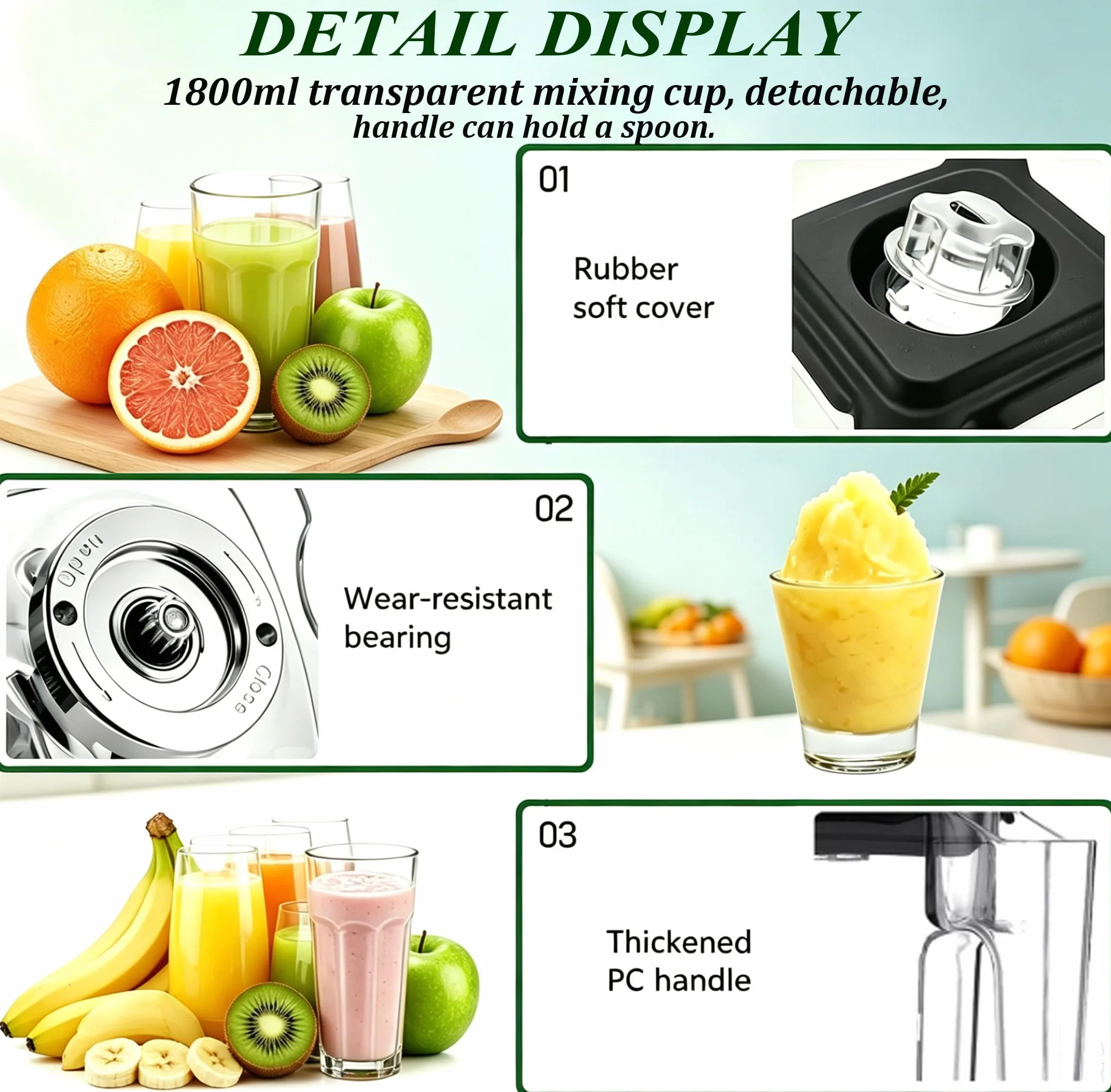 Dźwiękoszczelny Blender Komercyjny 1,8 l z Pokrywą, 22000 obr./min, 5 Prędkości, do Mrożonych Soków i Smoothie
