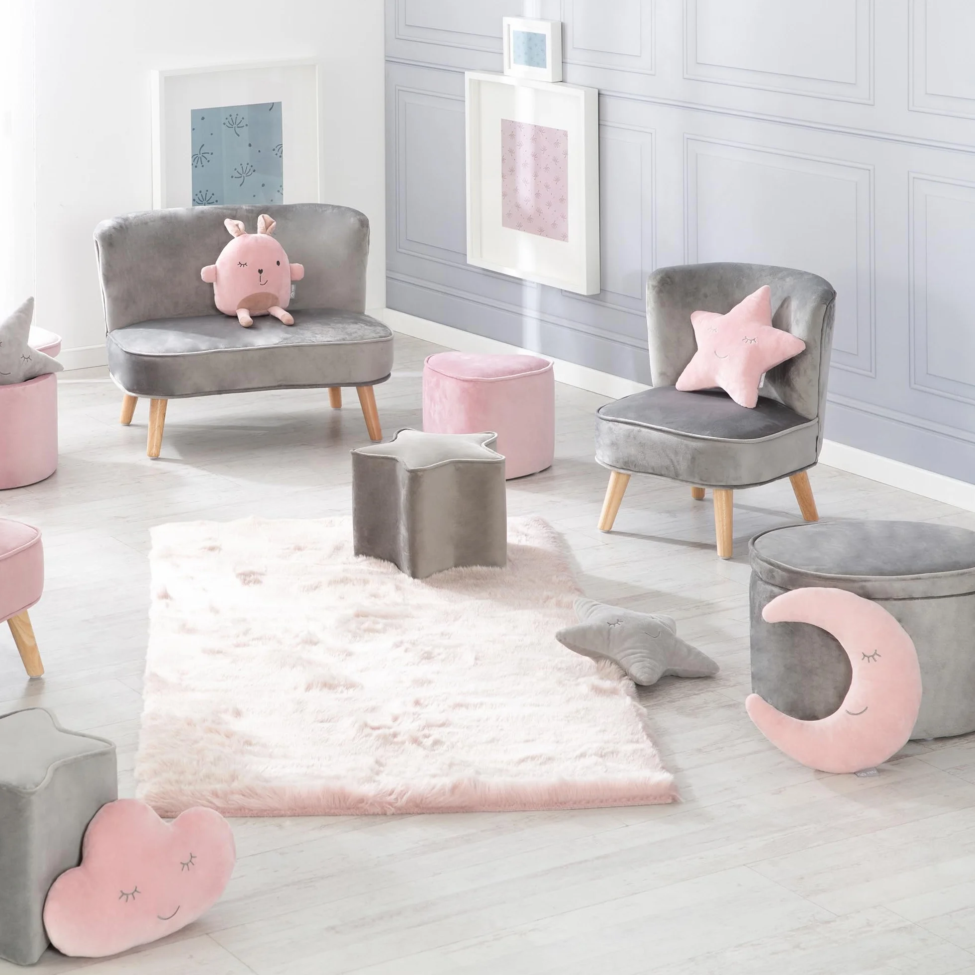 roba Fotel dziecięcy Lil Sofa - Wygodny fotel dla dziewcząt i chłopców - Stabilne drewniane nogi - Do pokoju niemowlęcego i dziecięcego - Materiał z weluru - Szary