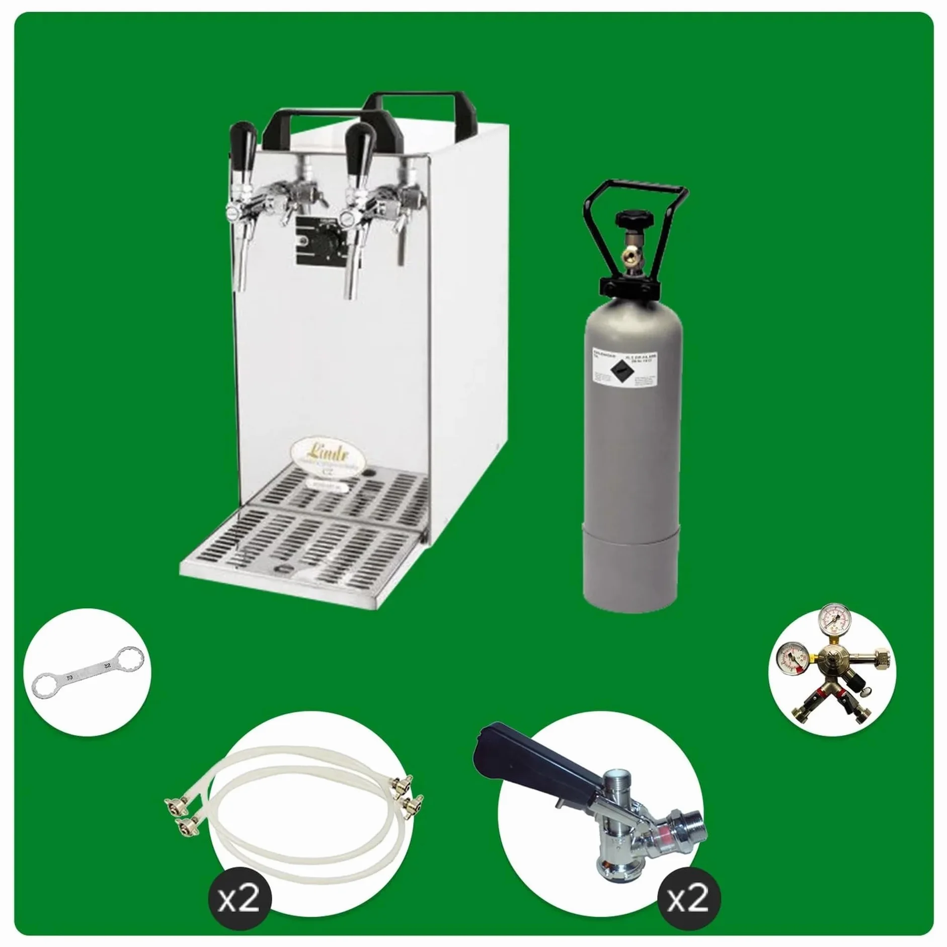 Kompletny zestaw stycznik 40 2-liniowy do piwa z chłodnicą suchą, przepływową 50 l/h Green Line i głowicami KeyKeg
