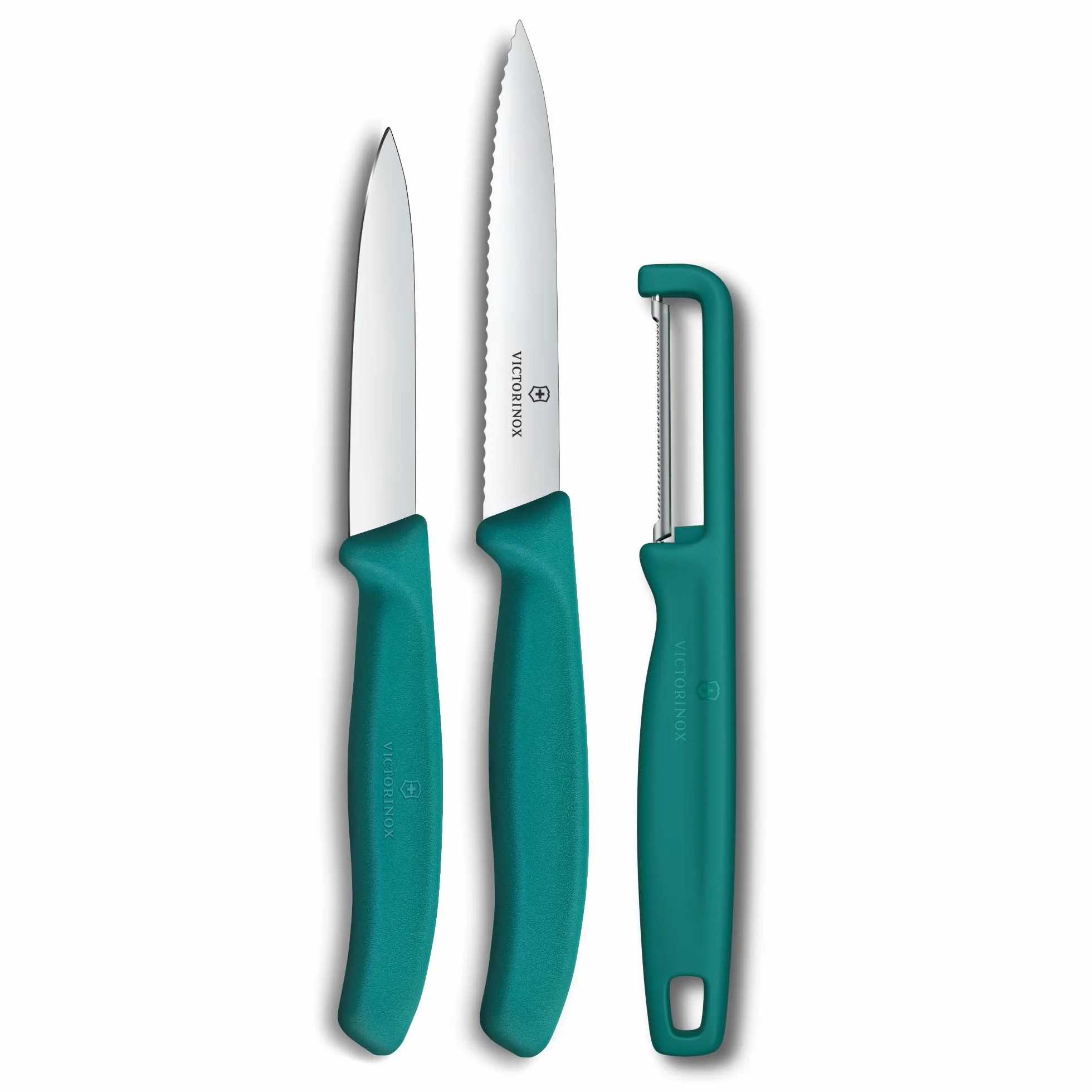 Victorinox Swiss Classic nóż do obierania z obieraczką, obieraczką i nożem do pomidorów, zestaw 3-częściowy, bardzo ostre ostrze, zielone