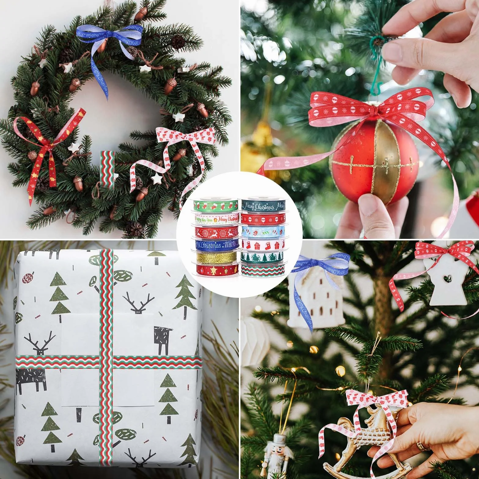 12 Rolek Wstazki Swiateczne, 4,5m Swiateczne Wstazki Dekoracyjne Swiateczna Wstazka z Drutem Wstazka Choinkowa Wstazka Swiateczna do Majsterkowania Opakowanie Dekoracja Festiwalowa (Styl 2)