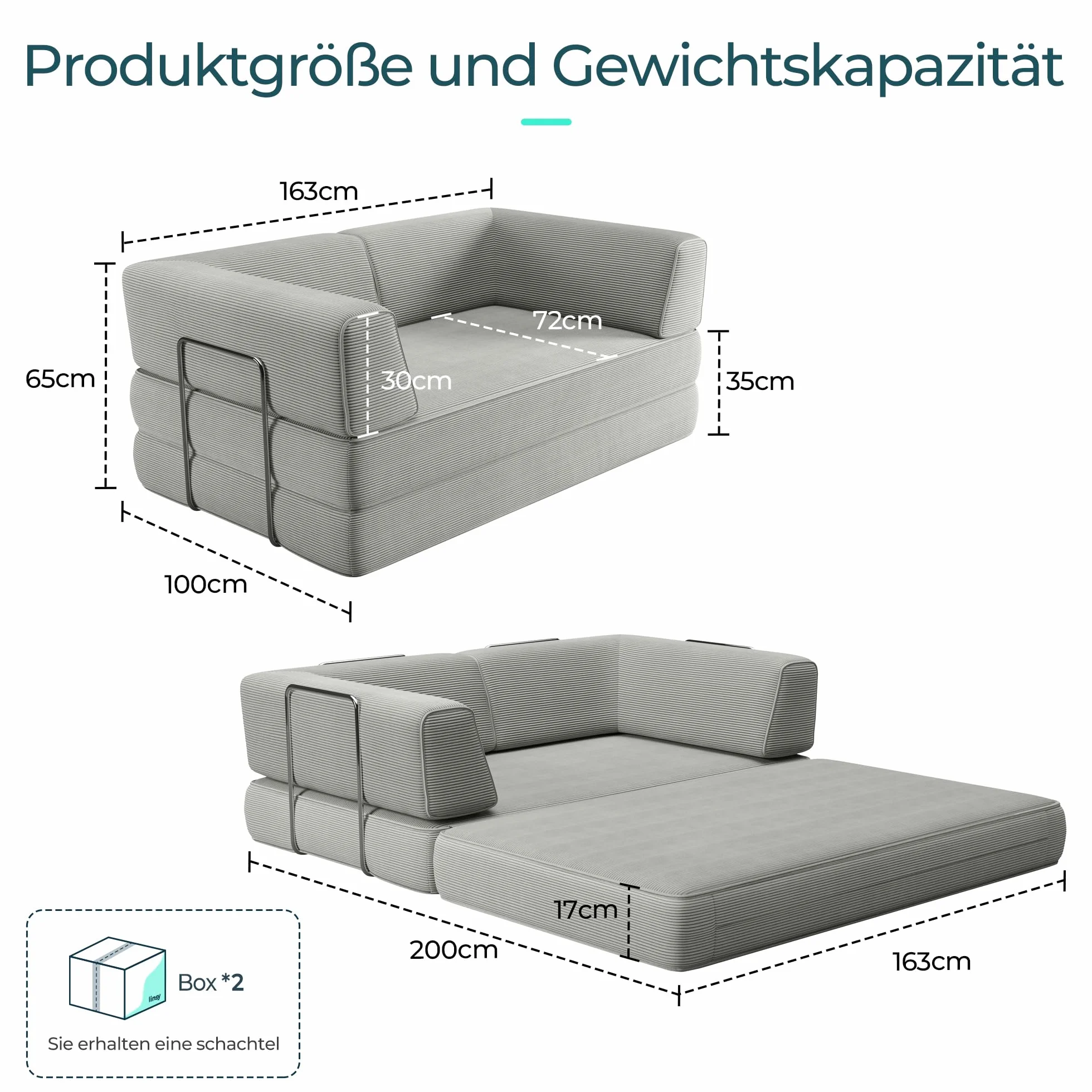 LINSY HOME Sofa z funkcją spania – sofa podłogowa z poduszką na plecy – rozkładana sofa do spania o szerokości 160 cm – tkanina sztruksowa do salonu, sypialni