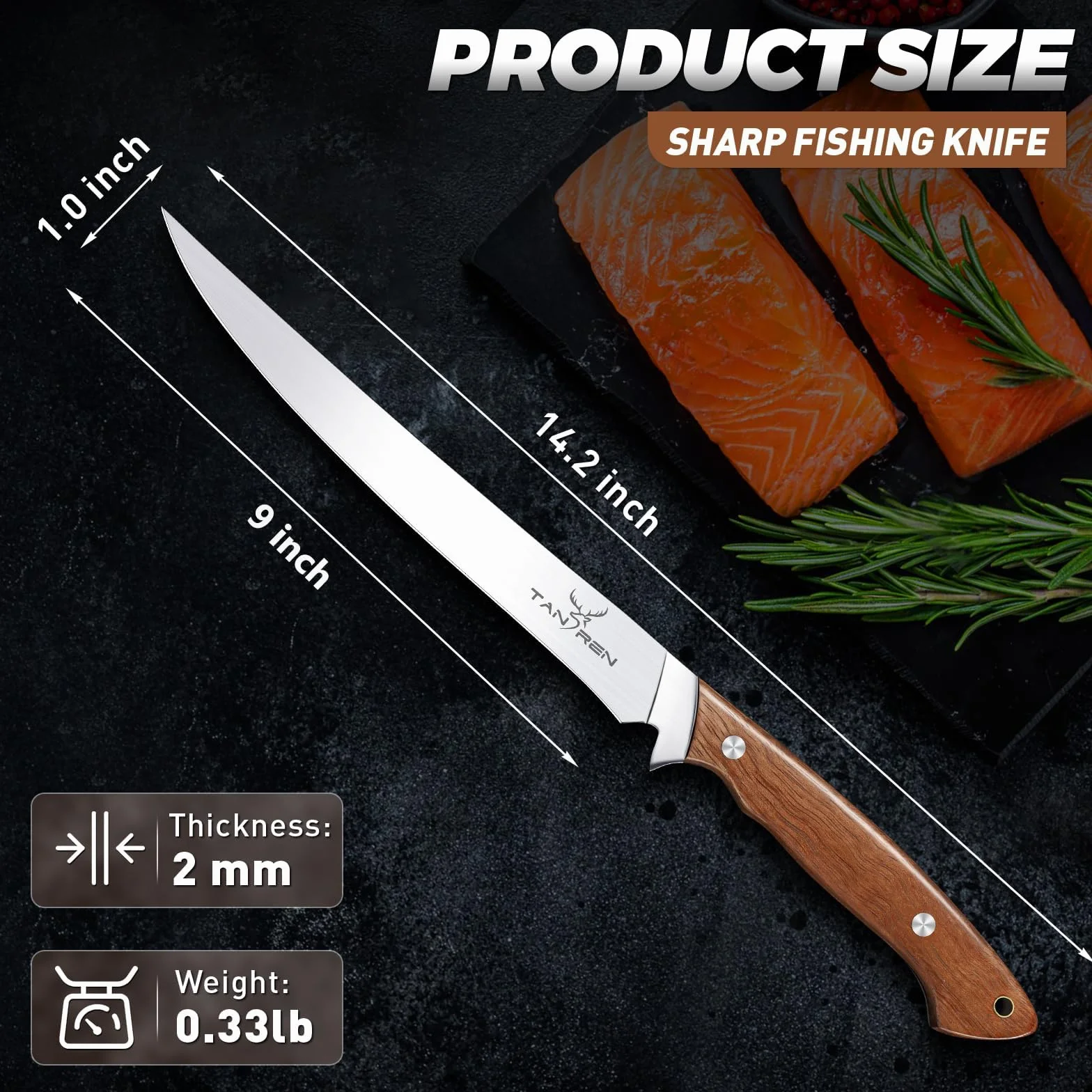 TAN REN Full Tang nóż do filetowania ryb 23 cm, stal nierdzewna, nóż do filetowania ryb z pochwą, ryby do filetowania i czyszczenia, z drewnianym uchwytem