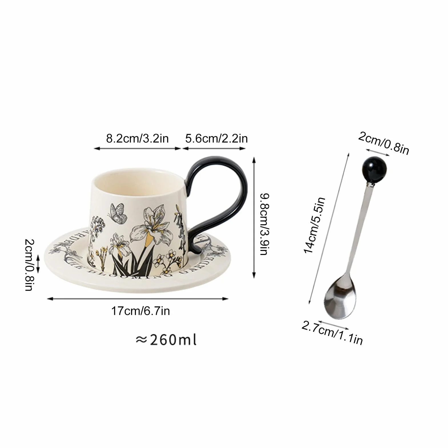 Urocze Kubki Zestaw Naczynia do Picia 260 ml ze Spodkami i Łyżeczkami | Zestaw Kubków Do Kawy Do Cappuccino Mleka Soku Piwa Do Kuchni Kawiarni Restauracji Domu Na Urodziny I Boże Narodzenie