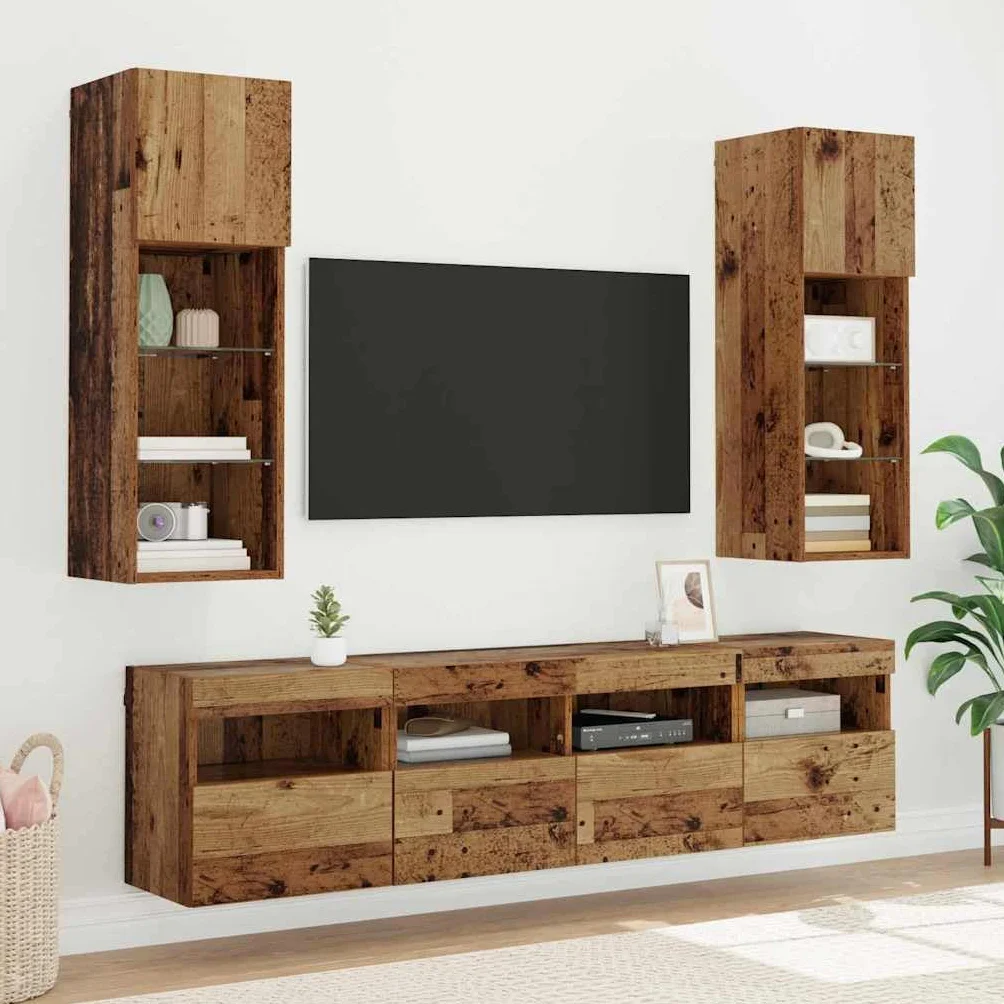 Regały ścienne pod telewizor zestaw 2 sztuk, wygląd starego drewna, 40 x 30 x 40 cm, materiał drewnopochodny, z oświetleniem LED, montowane na ścianie, do salonu, nowoczesne wzornictwo, dużo