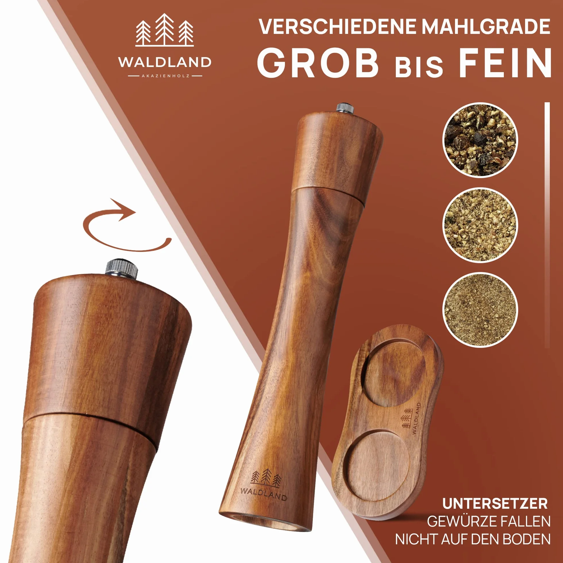 WALDLAND® Młynek do soli i pieprzu z drewna, z podstawką, mały (16,5 cm), młynek do przypraw z ceramicznym mechanizmem mielącym, zestaw młynków do pieprzu i soli