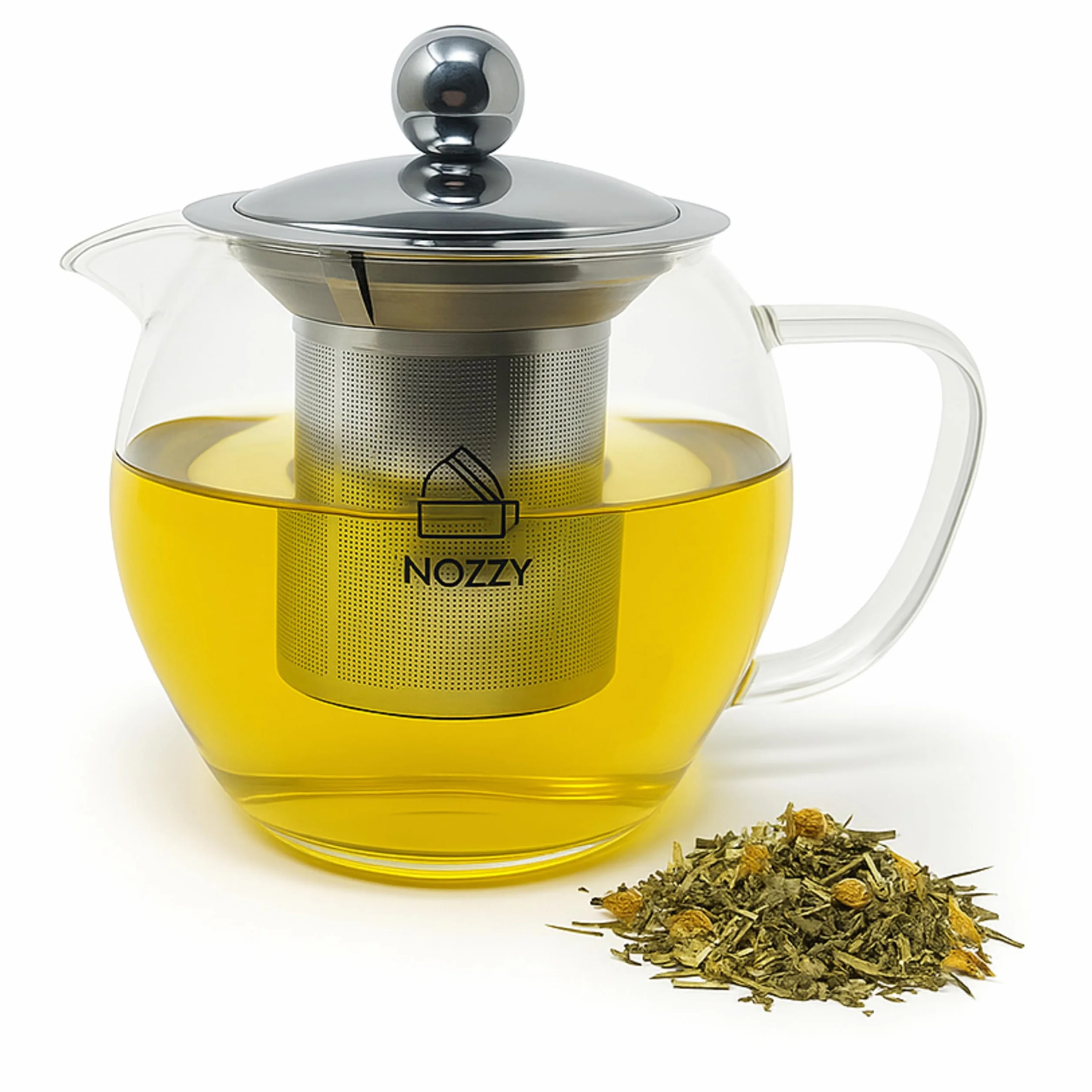 Nozzy Szklany czajniczek z zaparzaczem ze stali nierdzewnej, 1200 ml, borokrzemowy dzbanek do herbaty, przezroczysty, nowoczesny design z sitkiem do herbaty sypkiej, 4-6 filiżanek
