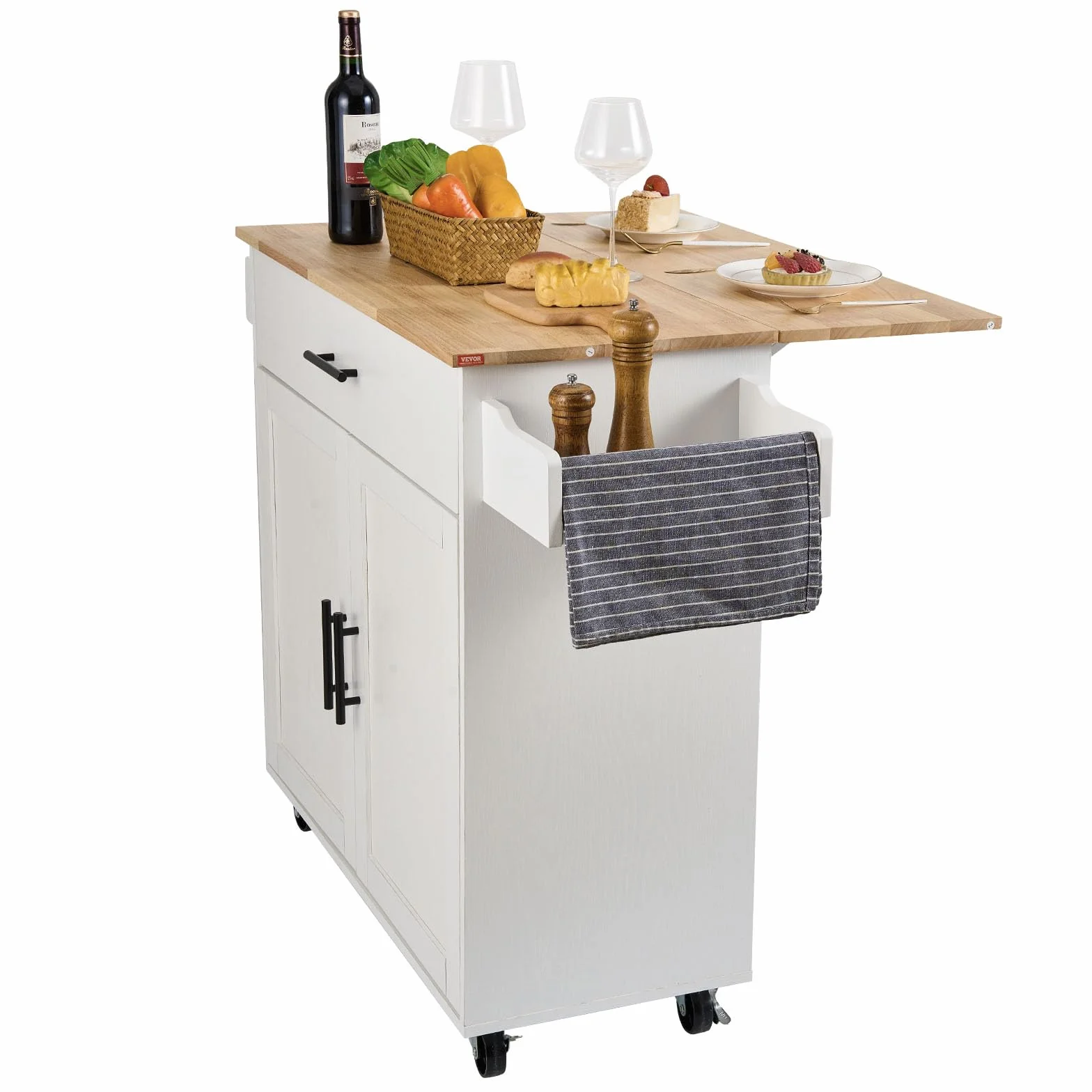 VEVOR Centralna wyspa 90 x 39 cm deska kuchenna z kółkami 1 szafka z 1 szufladą Szafka kuchenna z drewnianą deską roboczą 90x29 cm Uchwyt na przyprawy Wieszak na ręczniki do przechowywania Bar Kuchnia