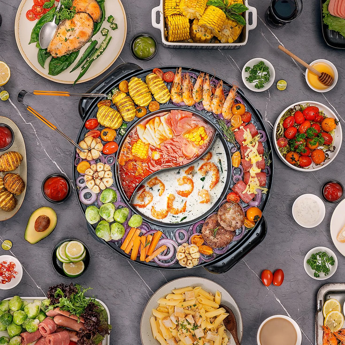 Food Party Hot Pot i grill elektryczny hotpot grill elektryczny 2 w 1, 220 V, 2200 W, do użytku wewnątrz i na zewnątrz, 42 cm, do fondue, raclette, dla 8 osób