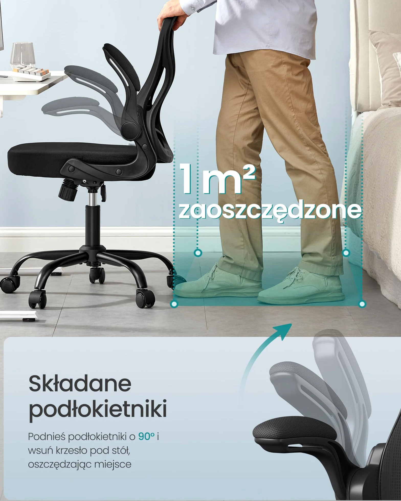 SONGMICS Ergonomiczny fotel biurowy, obrotowy z siatkową tkaniną, fotel biurowy z podparciem lędźwiowym, funkcja bujania, składane podłokietniki, do gabinetu, sypialni, atramentowy czarny OBN042BH02