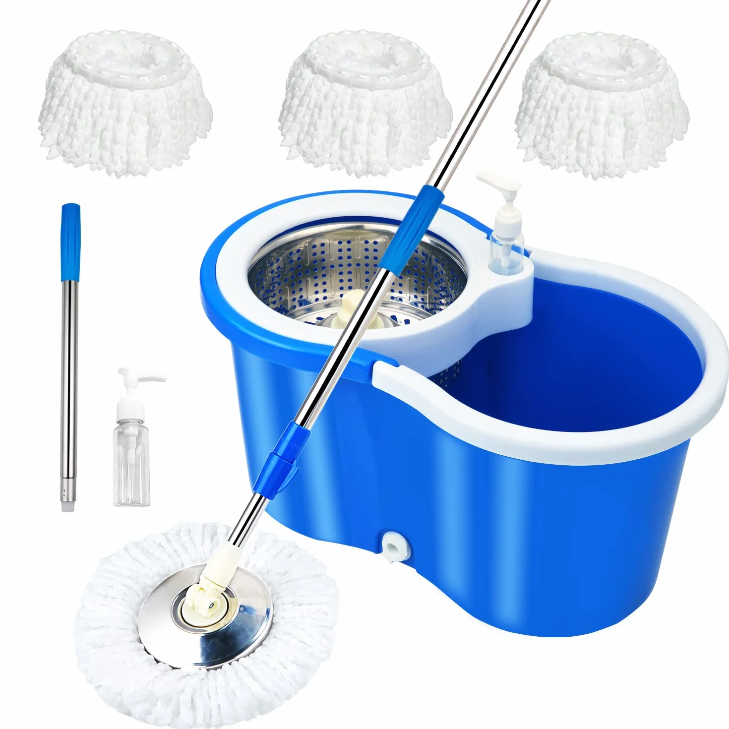 System mopa spinningowego i wiadra, 360 Mop i wiadro z mikrofibry z zestawem wyciskaczy i rozszerzonym uchwytem 155 cm, wiadro do mopa z 3 wymiennymi wkładami do czyszczenia podłóg, niebieskie