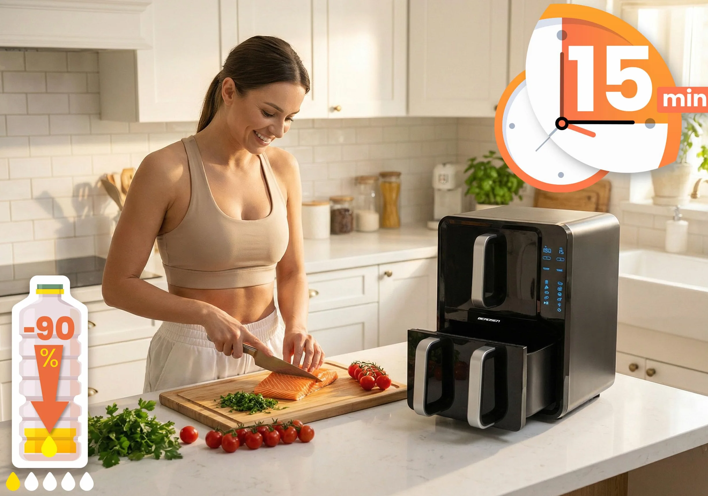 Berdsen Frytkownica Beztłuszczowa Airfryer 12 l Dwukomorowa 2800 W 8 Programów Ekran Dotykowy Czarna