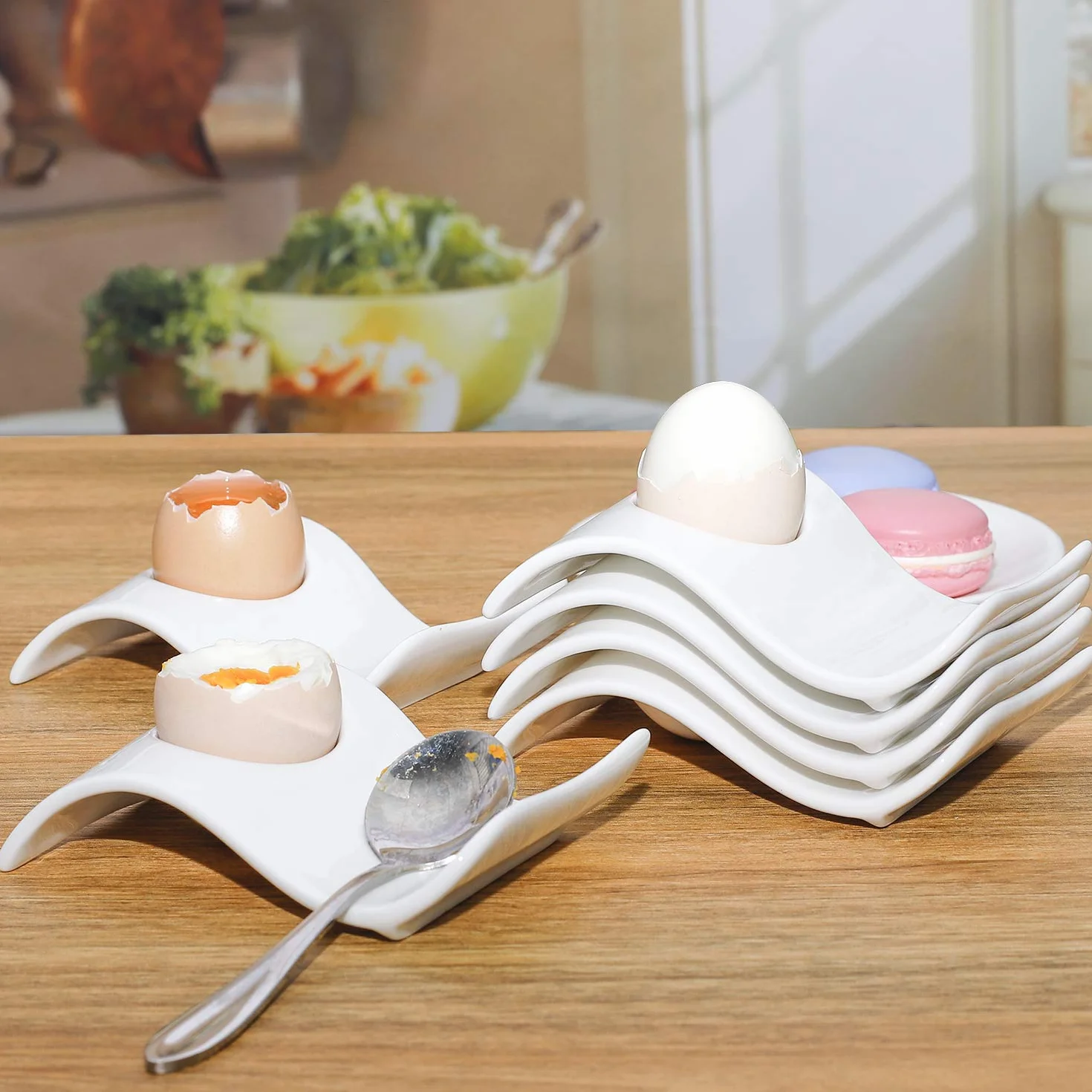 Zestaw 6 filiżanek do jajek, ceramiczny uchwyt na jajka + foremka do gotowania jajek, biały kubek do jajek, dekoracja na śniadanie i brunch