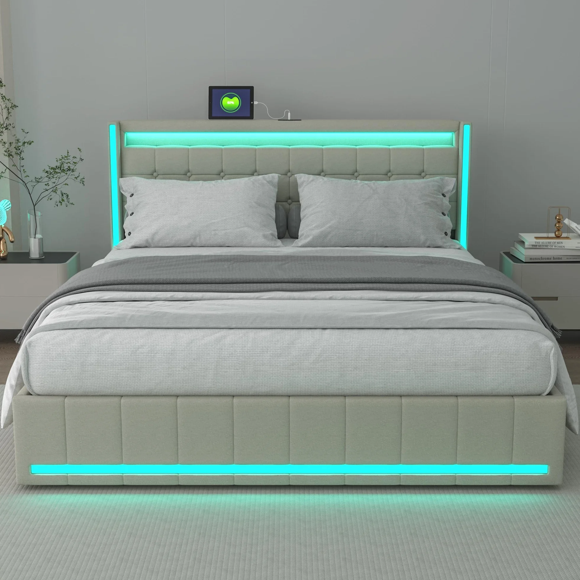 BRILVERDE Łóżko tapicerowane, podwójne 140 x 190 cm z miejscem do przechowywania, łóżko z 4 szufladami, zagłówek LED, z funkcją ładowania USB, lniane (beżowe, 140 x 190 cm)