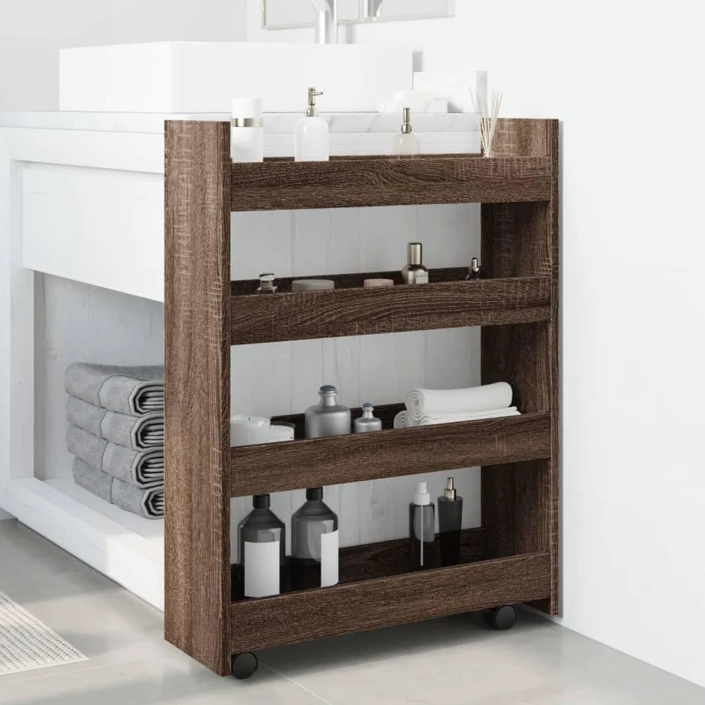 Meble Przedmiot dom Wąski wózek do przechowywania 4-poziomowy brązowy dąb Engineered Wood-Furniture