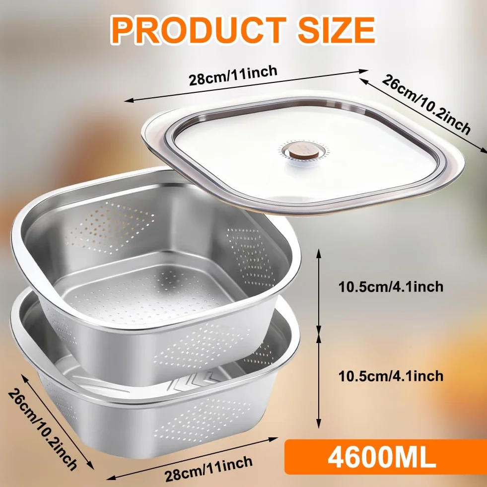 Misa kuchenna ze stali nierdzewnej 4600 ml, sitko do makaronu, zestaw misek, metalowe sitko i miski, ociekacz z miską, sitko kuchenne do odcedzania, warzyw, owoców i ryżu