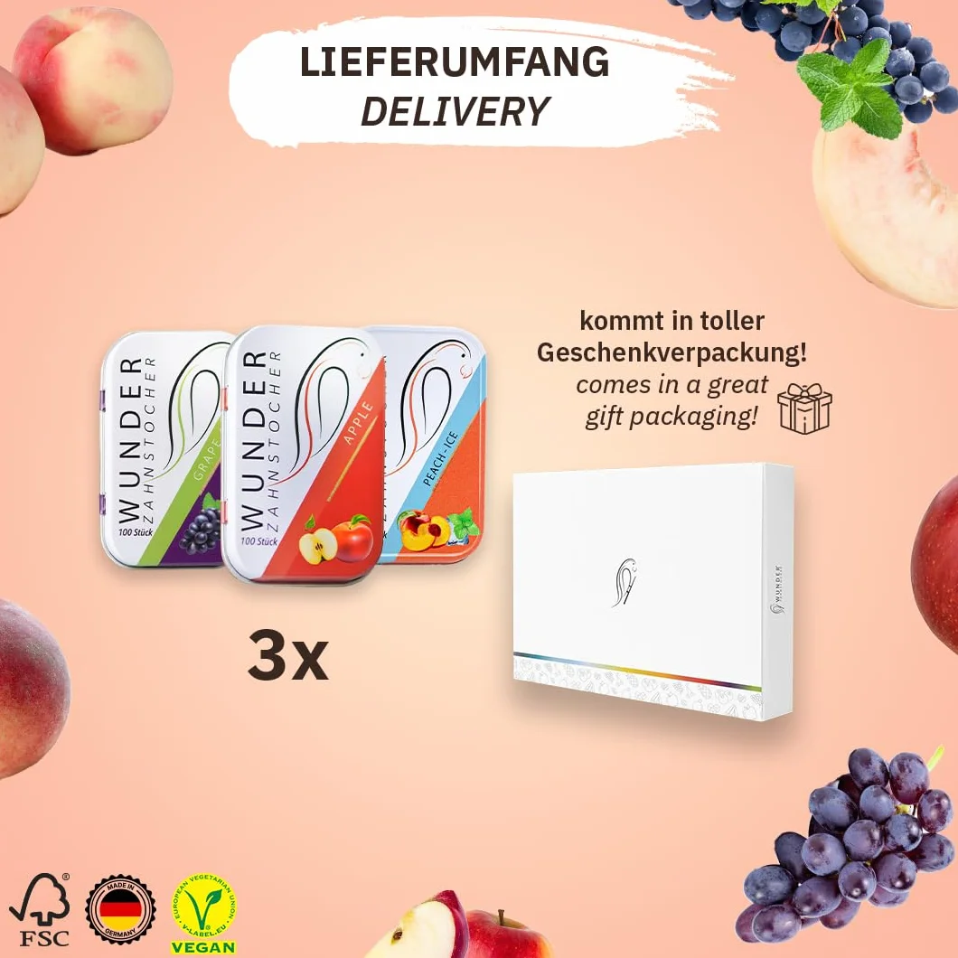 Wonder wykałaczki w 3 orzeźwiających smakach, soczyste opakowanie, guma do żucia, bez plastiku, zatrzymaj gryzienie paznokci, świeży oddech z aromatycznymi wykałaczkami, czyszczenie zębów na wynos