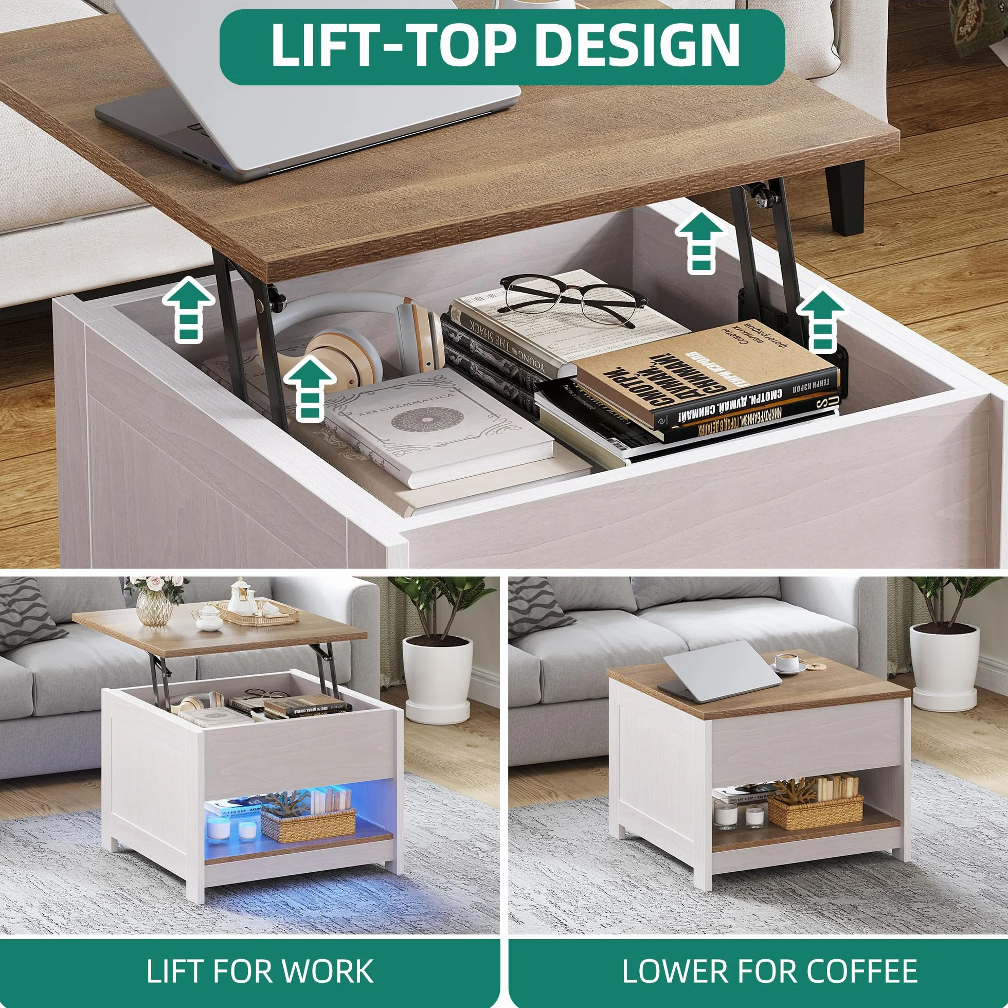 YITAHOME Stolik kawowy Lift Top, kwadratowy, drewniany, nowoczesny, rustykalny stolik kawowy z miejscem do przechowywania, do salonu, wiejskiego szary, 60 x 60 x 45 cm