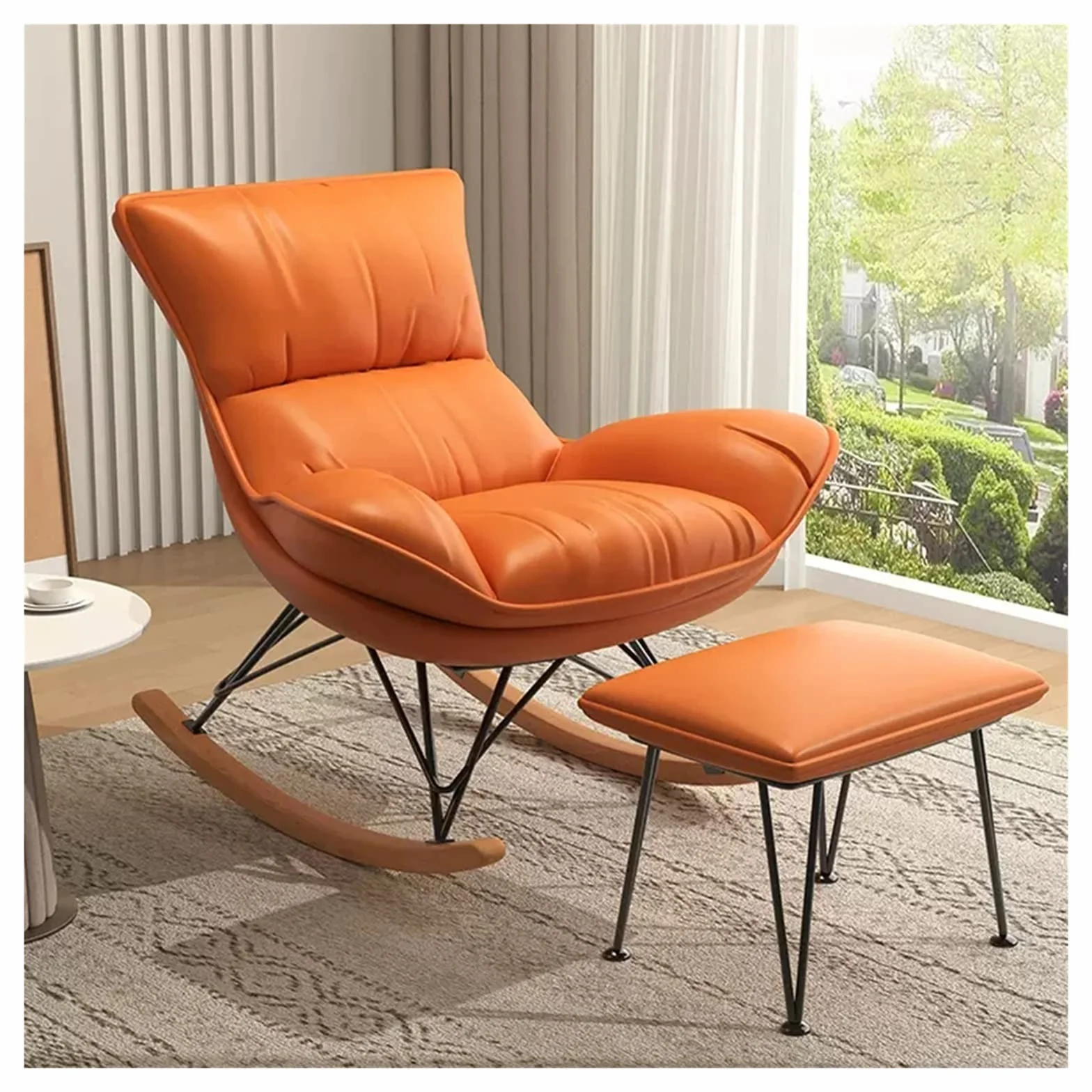 WIGSELBL Accent Fotel bujany Wygodny fotel bujany do pokoju dziecięcego Szybowiec i otomana Zestaw z podstawą z litego drewna, pojedyncza sofa Leniwy wypoczynek Fotel bujany do salonu (kolor: pomarańczowy)