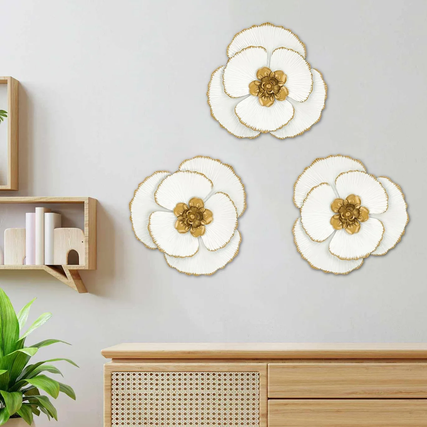 3-częściowy zestaw rzeźb ściennych, kwiat ścienny z metalu, magnolia, ozdoba ścienna, metalowe obrazy 3D, nowoczesne wykończenie w stylu antycznym, do domu, salonu, jadalni, sypialni, kuchni