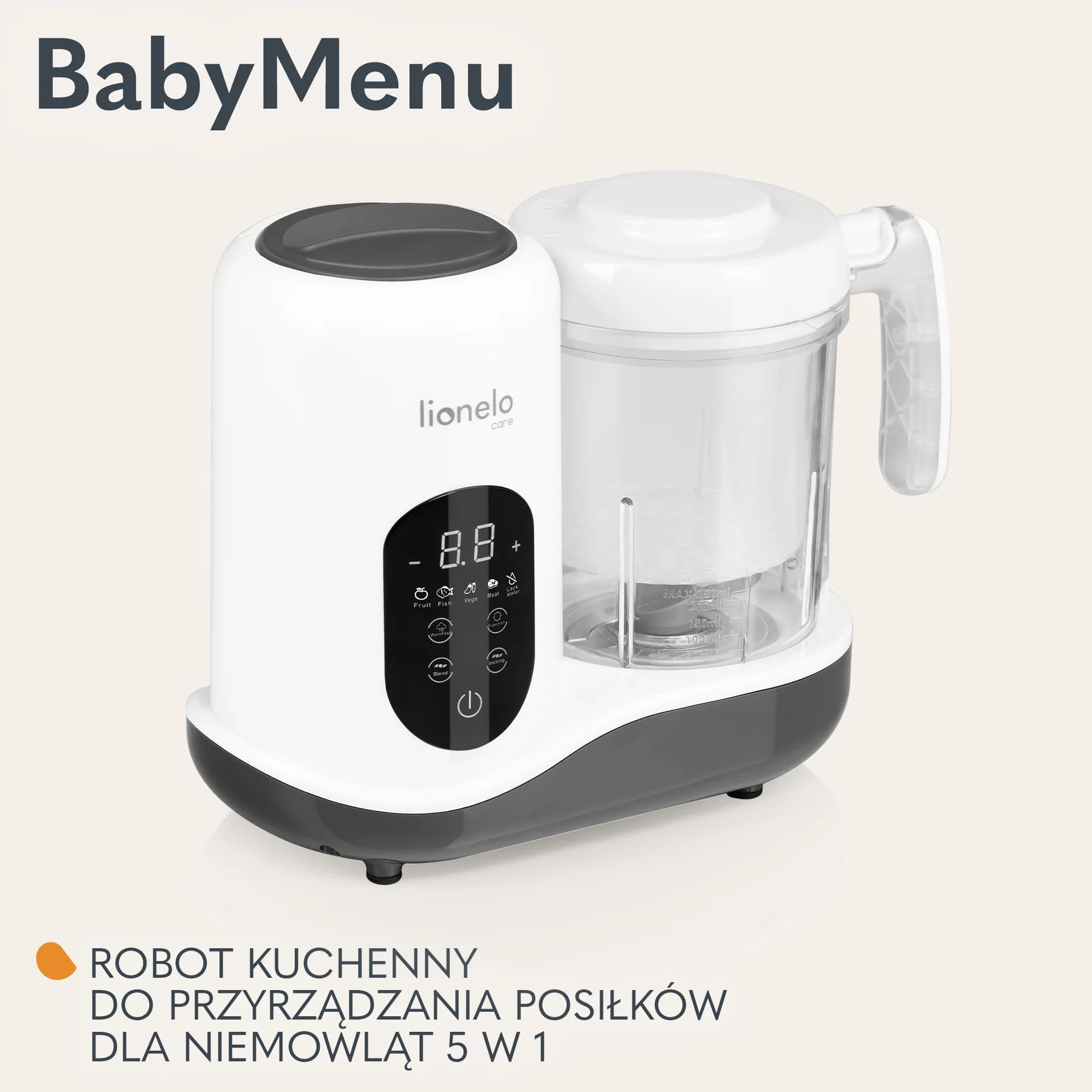 LIONELO BABYMENU Wielofunkcyjny Robot Kuchenny do Przyrządzania Posiłku dla Niemowląt 300 4 Programy Gotowanie na Parze, Blendowanie Podgrzewanie Rozmrażanie, Przepisy on-line