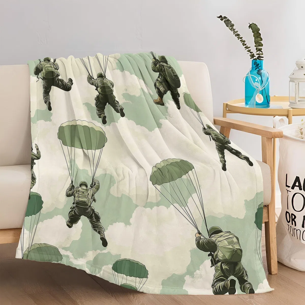Miękki koc 200 x 200 cm miękki koc prezent dla chłopców malarstwo, spadochroniarstwo wojskowy koc wełniany zielony koc na sofę narzuta na sofę narzuta na łóżko