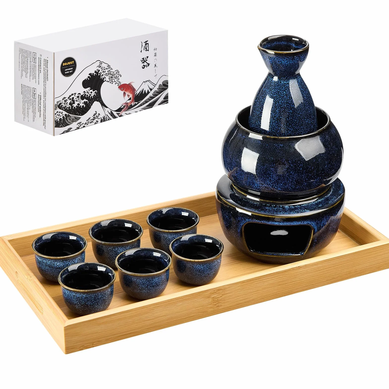 DUJUST 11-częściowy japoński zestaw do sake dla 6 osób, wypalane w piecu porcelanowe naczynia do sake, 6 filiżanek, 1 butelka, 1 podgrzewacz, 1 kuchenka na świecę, 1 taca i 1 pudełko, ciepła karafka