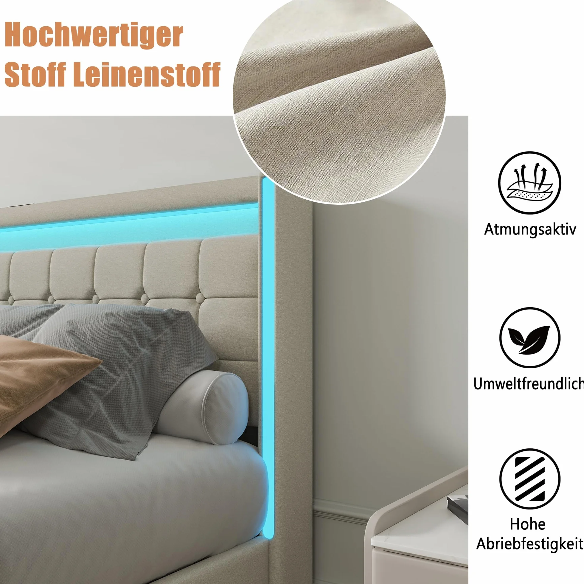 BRILVERDE Łóżko tapicerowane, podwójne 140 x 190 cm z miejscem do przechowywania, łóżko z 4 szufladami, zagłówek LED, z funkcją ładowania USB, lniane (beżowe, 140 x 190 cm)