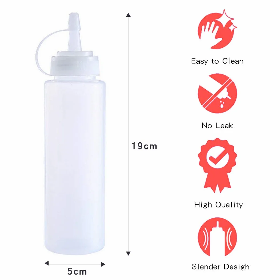 Butelki do wyciskania sosów, 6 opakowań 250 ml / 250 ml mała butelka na przyprawy z dyszą - bez BPA, bez wycieków, nadaje się do gotowania, farby, pieczenia, grilla, sosu, ostrego sosu, oliwy