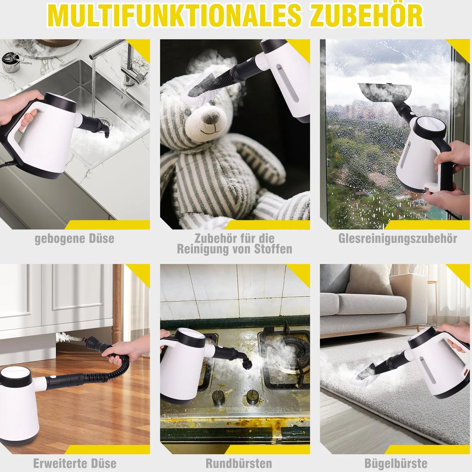 Fippesax Handdampfreiniger, 400 ml Druck-Mehrzweckdampfreiniger mit 9-teiligem Zubehör, chemikalienfreier Dampfreiniger für den Heimgebrauch, Reinigung von Böden, Fliesen, Fenstern, Sofas (Weiß)