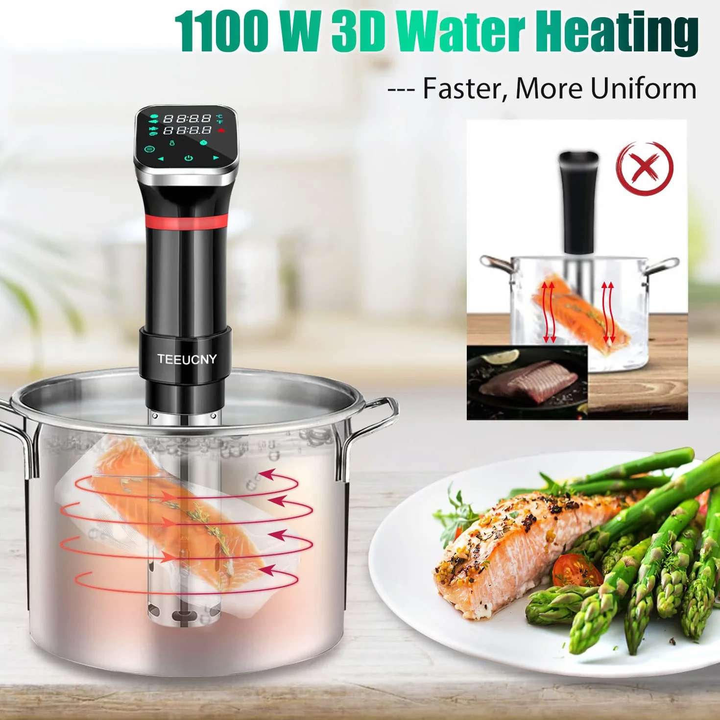 Sous Vide, TEEUCNY Sous-vide Stick precyzyjny garnek do gotowania 1100 W, cyrkulator zanurzeniowy, precyzyjne ustawienie temperatury, cyfrowy timer, ultra cichy, dotykowy wyświetlacz LCD, stal