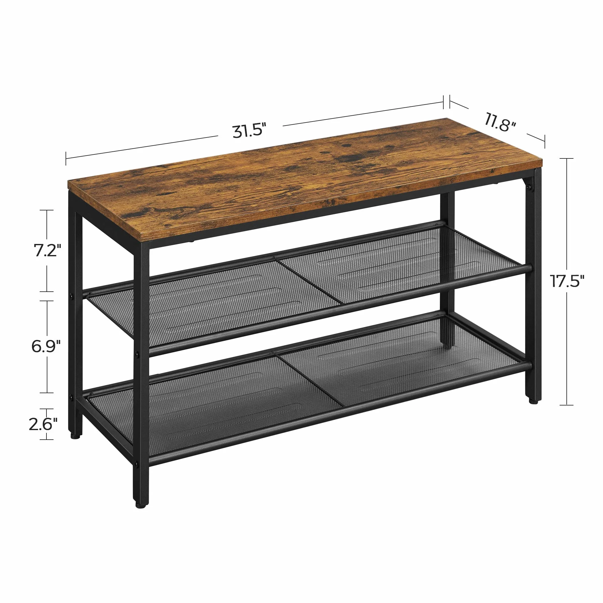 VASAGLE Ławka na buty, 80 x 30 x 44,5 cm, 2-poziomowa szafka na buty z siatki, przechowywanie butów, do wejścia, metal, styl przemysłowy, rustykalny brąz i czarny LBS74X