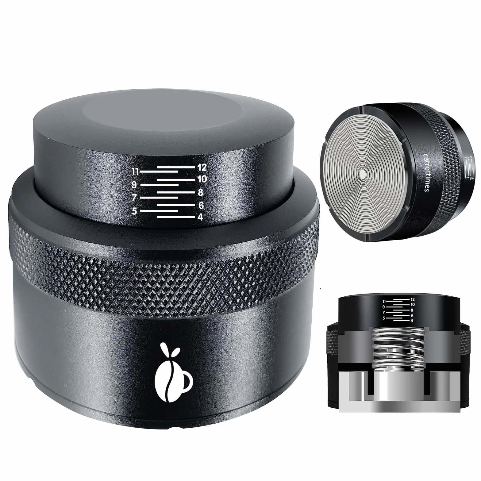 Tamper do espresso 51mm, regulowany tamper do kawy z kalibrowaną sprężyną, narzędzie tamper z 304 stali nierdzewnej, pasujące do koszyków portafiltrów 51mm (Czarny)